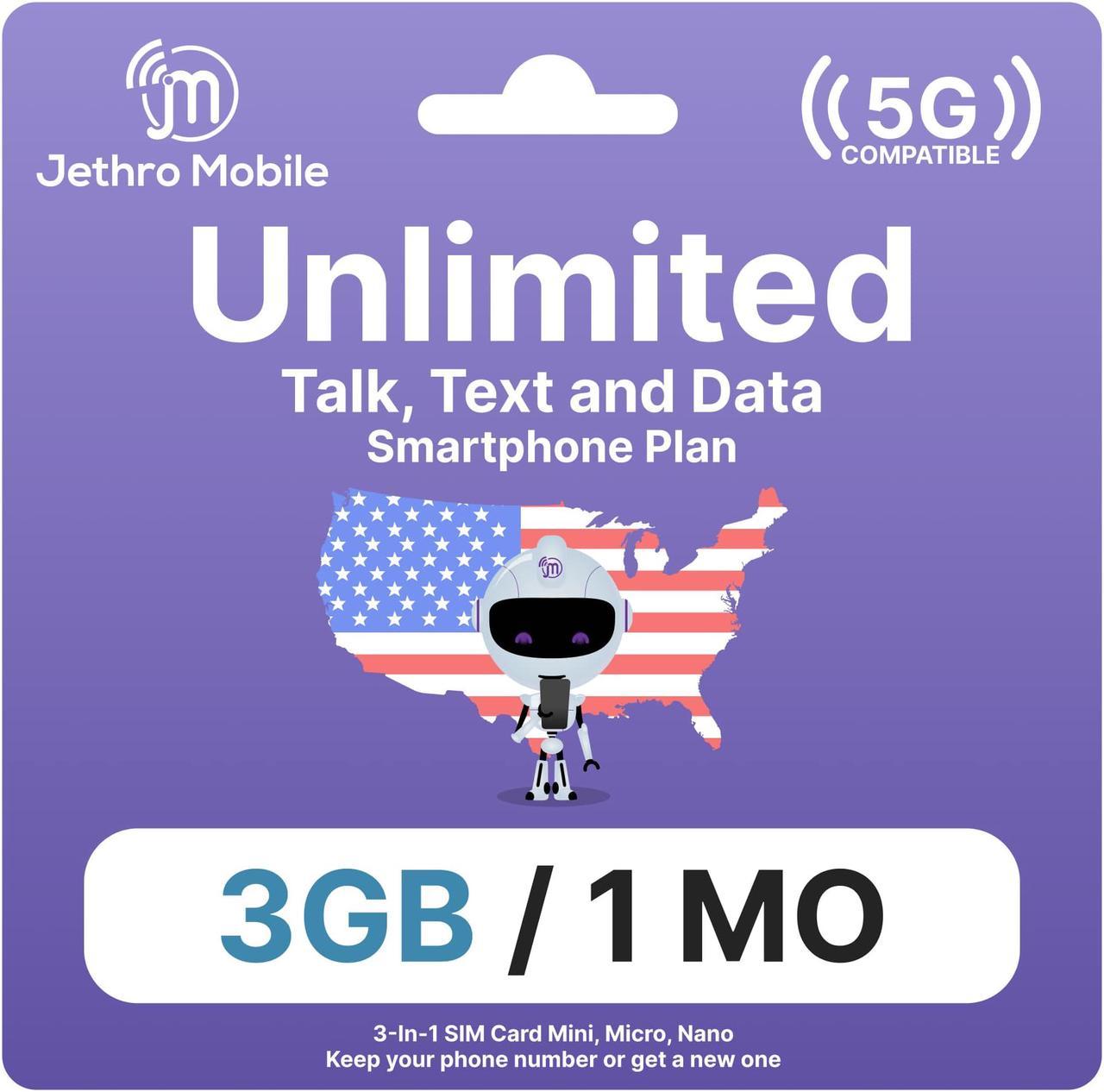 Jethro Mobile [30 Days] USA Prepaid Sim Card with Unlimited Talk & Text Data (3GB 5G/4G LTE) - Nano Micro Standard 3 in 1