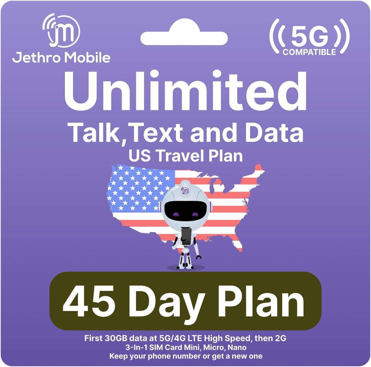 Jethro Mobile [45 Days] USA Prepaid Sim Card with Unlimited Talk & Text, Data - Nano Micro Standard 3 in 1 Activation Kit