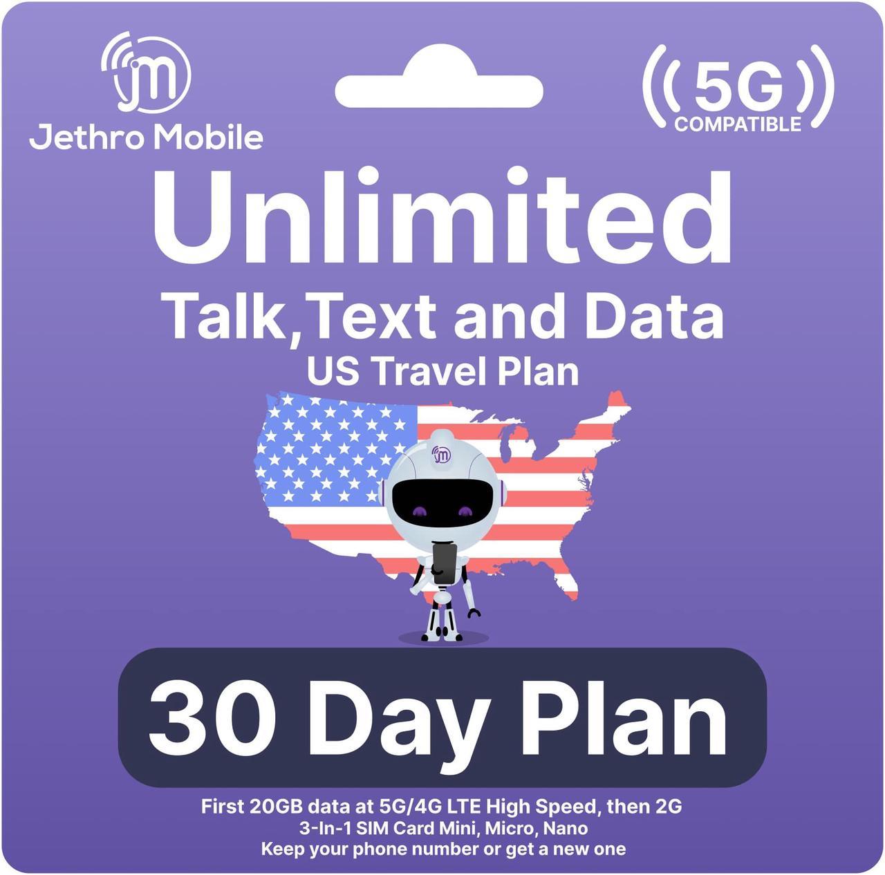 Jethro Mobile [30 Days] USA Prepaid Sim Card with Unlimited Talk & Text, Data - Nano Micro Standard 3 in 1 Activation Kit