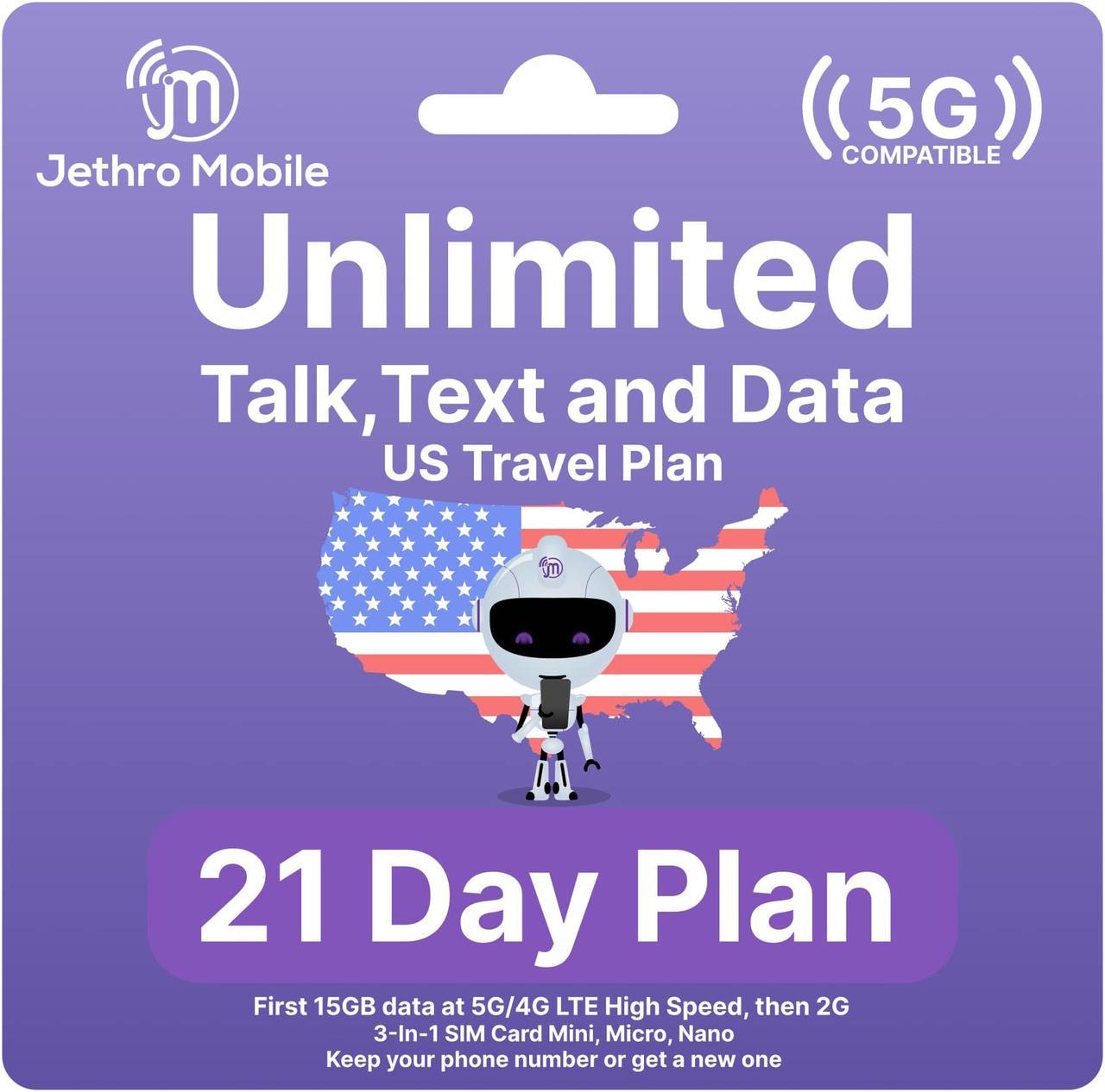 Jethro Mobile [21 Days] USA Prepaid Sim Card with Unlimited Talk & Text, Data - Nano Micro Standard 3 in 1 Activation Kit