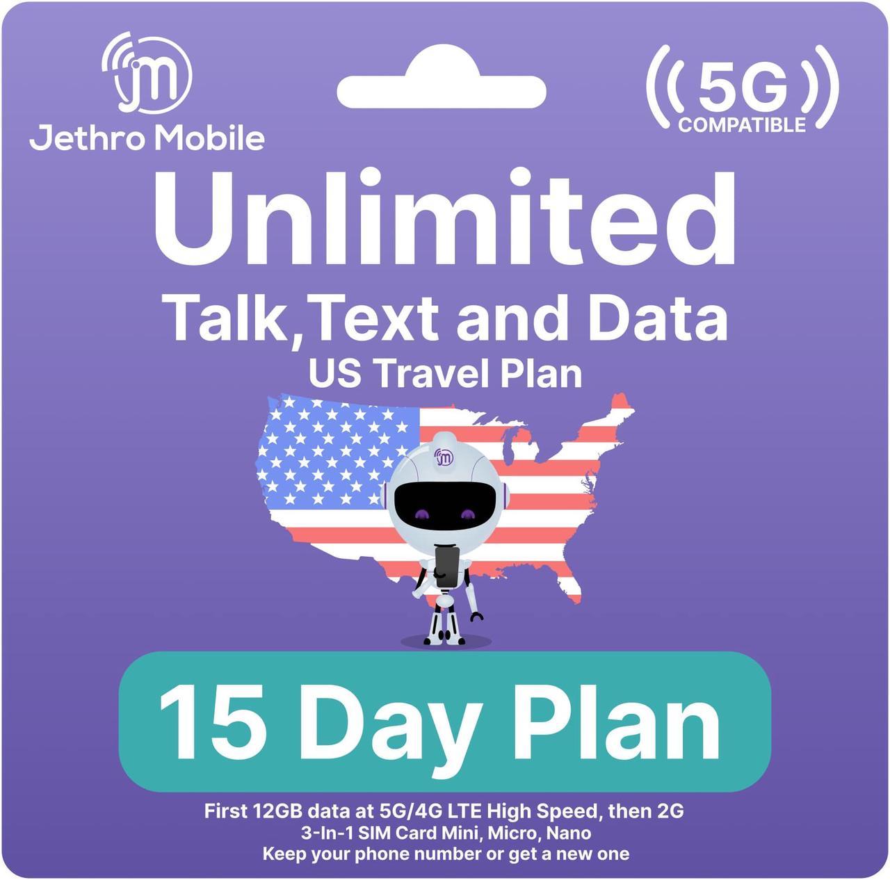 Jethro Mobile [15 Days] USA Prepaid Sim Card with Unlimited Talk & Text, Data - Nano Micro Standard 3 in 1 Activation Kit