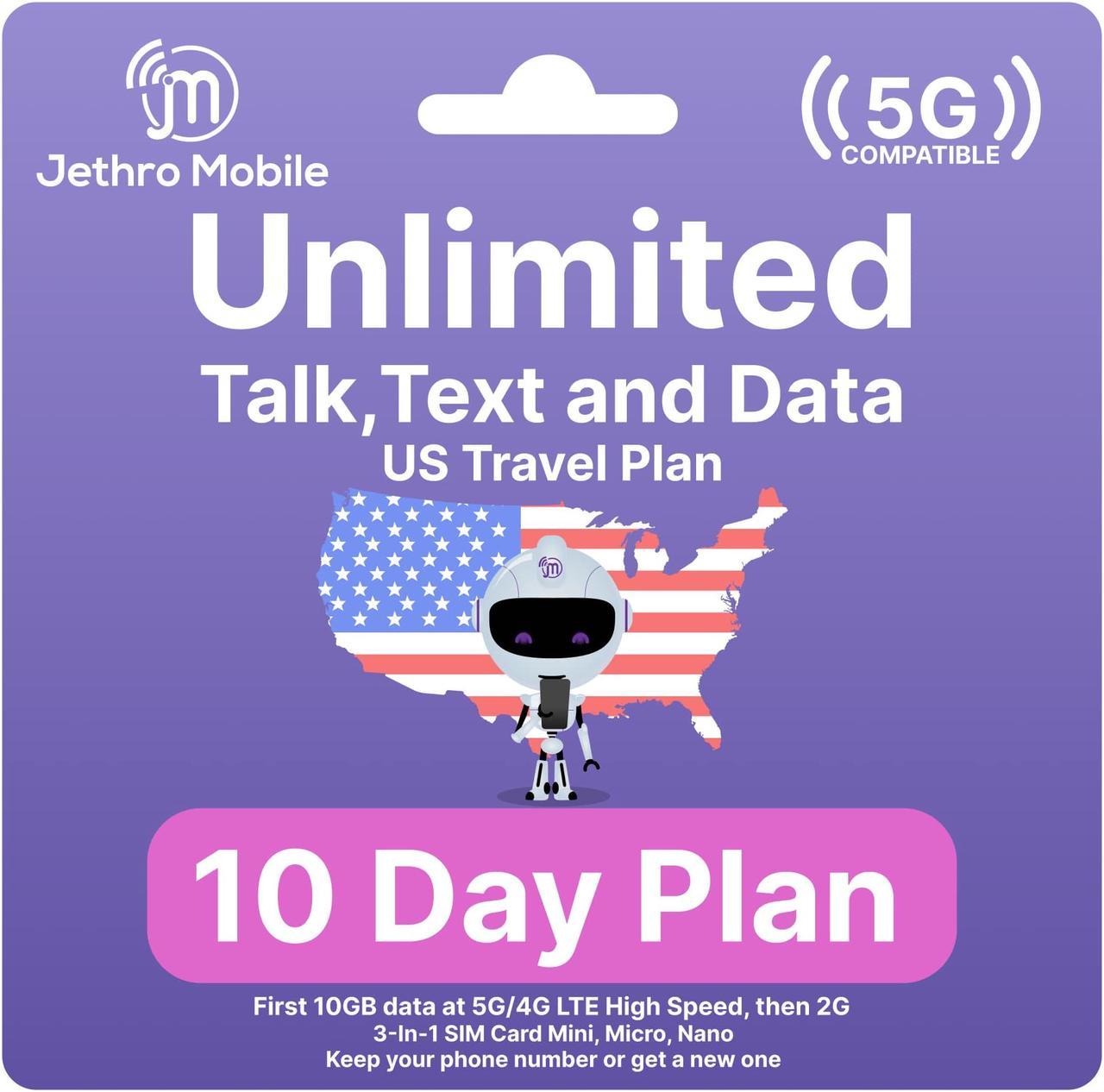 Jethro Mobile [10 Days] USA Prepaid Sim Card with Unlimited Talk & Text, Data - Nano Micro Standard 3 in 1 Activation Kit