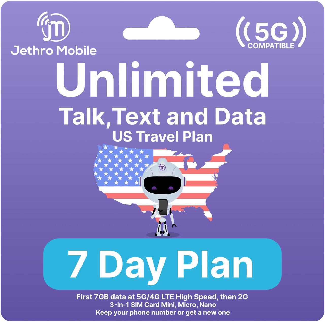 Jethro Mobile [7 Days] USA Prepaid Sim Card with Unlimited Talk & Text, Data - Nano Micro Standard 3 in 1 Activation Kit