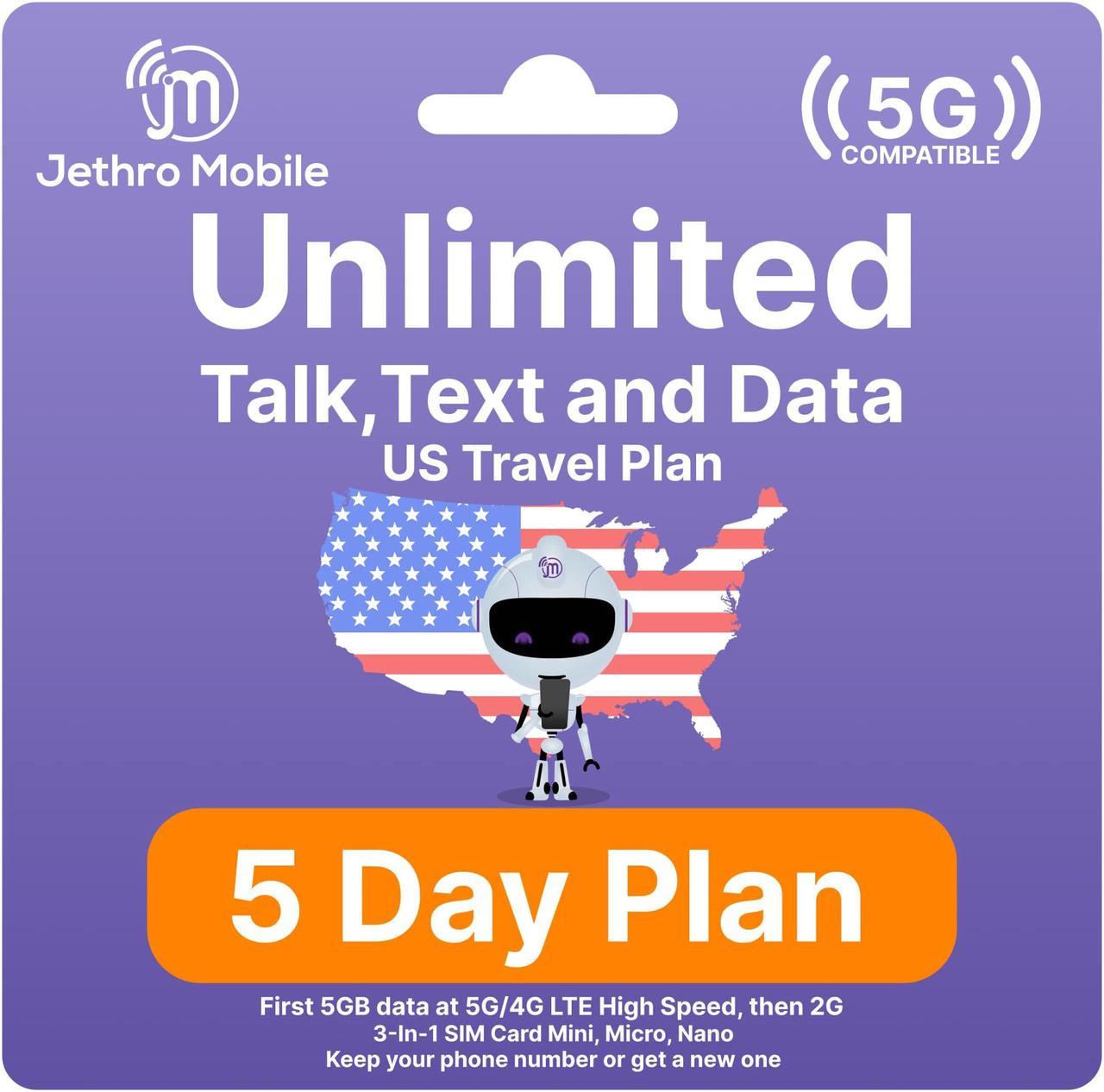 Jethro Mobile [5 Days] USA Prepaid Sim Card with Unlimited Talk & Text, Data - Nano Micro Standard 3 in 1 Activation Kit