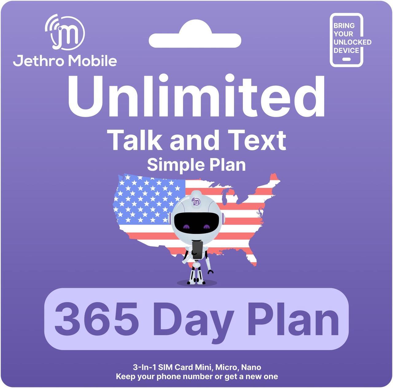 Jethro Mobile [365 Days] USA Prepaid Sim Card with Unlimited Talk & Text, no Data - Nano Micro Standard 3 in 1 Activation Kit