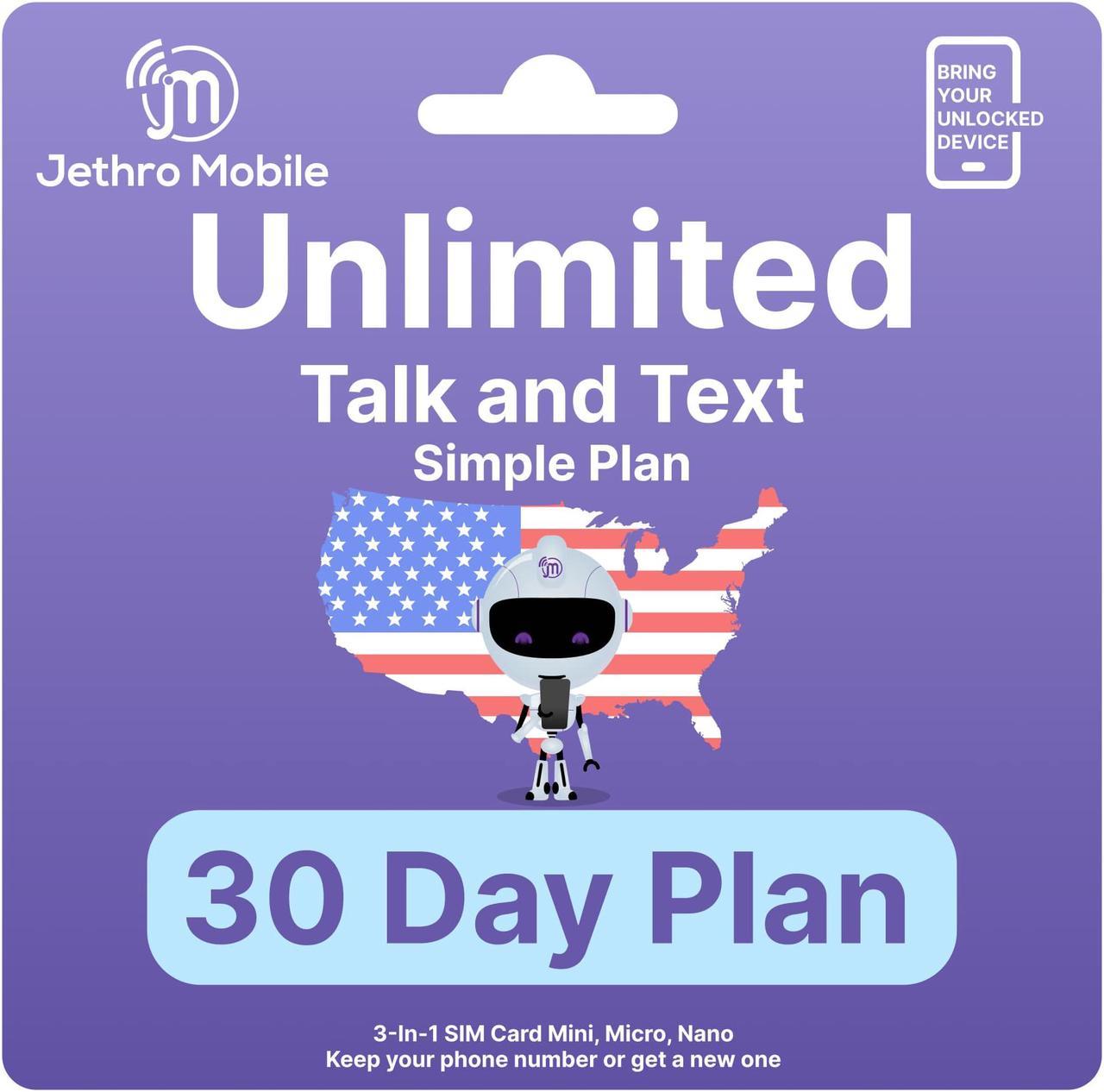 Jethro Mobile [30 Days] USA Prepaid Sim Card with Unlimited Talk & Text, no Data - Nano Micro Standard 3 in 1 Activation Kit