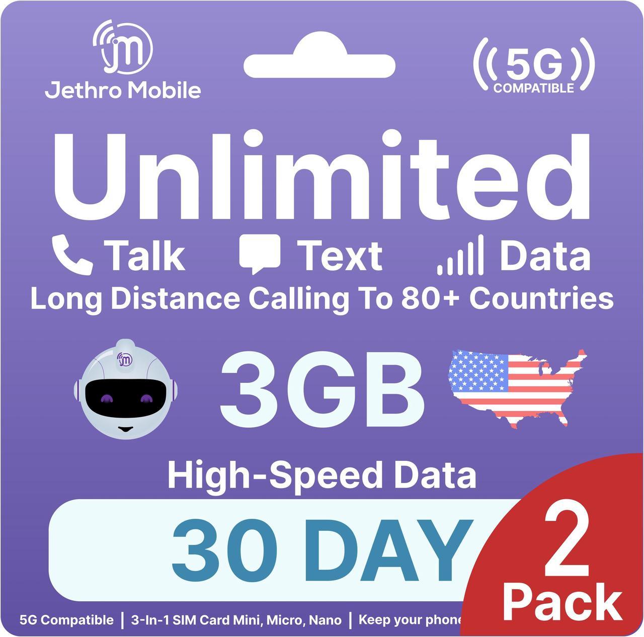 Jethro Mobile 3GB Smartphone Plan, Unlimited Talk & Text - 3o Days (2 Pack)