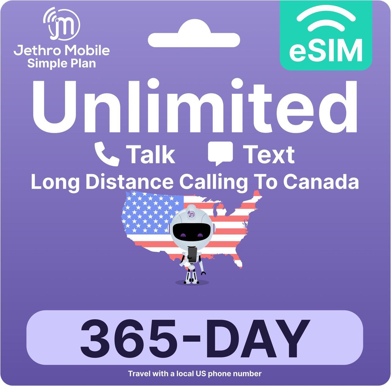 Jethro Mobile - eSIM USA for Canadian Travelers, Unlimited Talk & Text, Uses T-Mobile Network, 365 Days Service with Easy Activation and International Calling to Canada