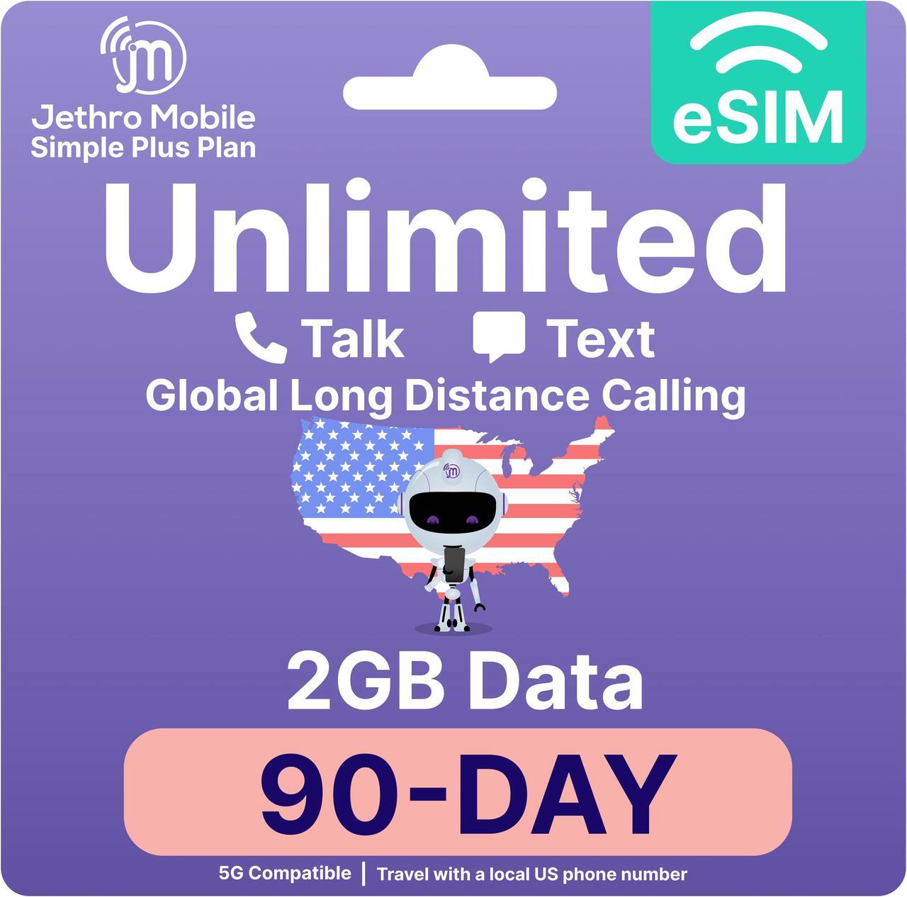 Jethro Mobile - eSIM USA for Canadian Travelers, Unlimited Talk, Text, 2GB High-Speed Data, Uses T-Mobile Network, 90 Days Service with Easy Activation & International Calling to Canada