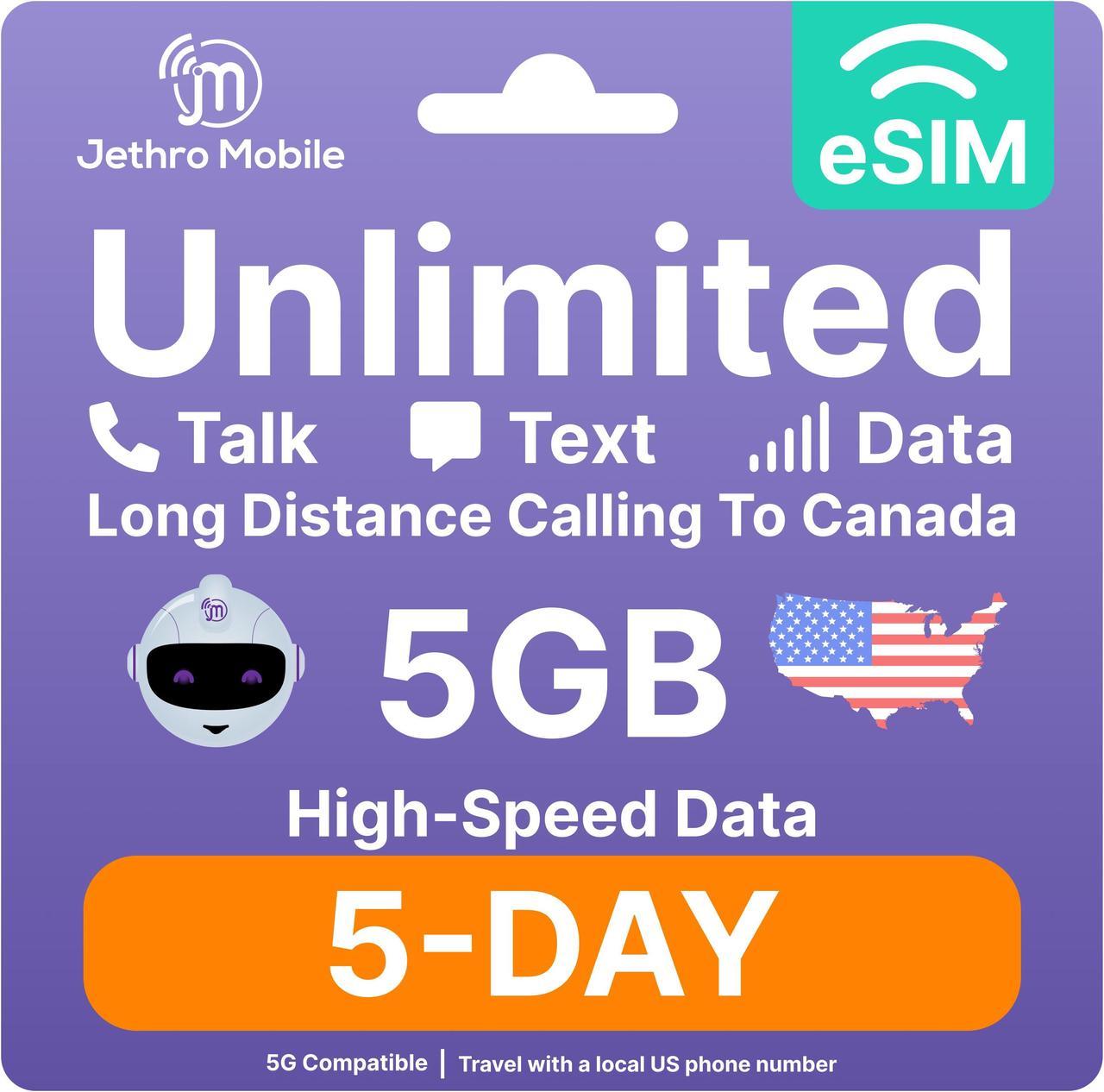 eSIM USA - 5 Days Unlimited Talk, Text, & Data, 5GB High-Speed Data, Easy Activation, International Calling to Canada, Mobile Hotspot, Uses T-Mobile, Jethro Mobile