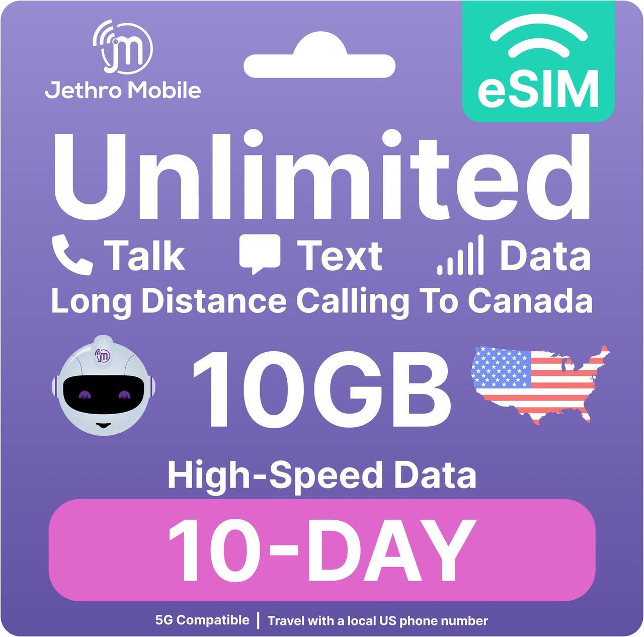 eSIM USA - 10 Days Unlimited Talk, Text, & Data, 10GB High-Speed Data, Easy Activation, International Calling to Canada, Mobile Hotspot, Uses T-Mobile, Jethro Mobile