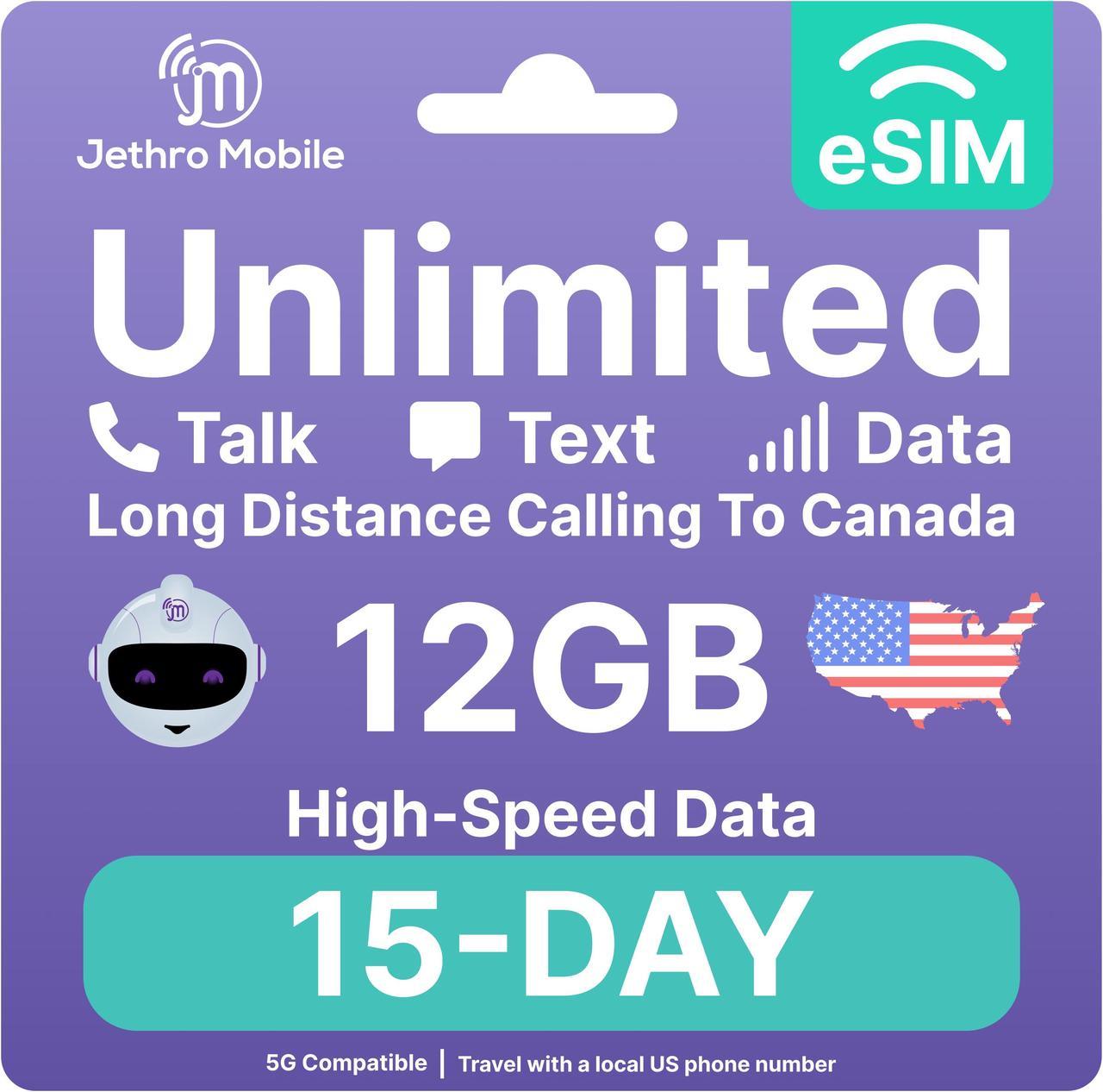 eSIM USA - 15 Days Unlimited Talk, Text, & Data, 12GB High-Speed Data, Easy Activation, International Calling to Canada, Mobile Hotspot, Uses T-Mobile, Jethro Mobile