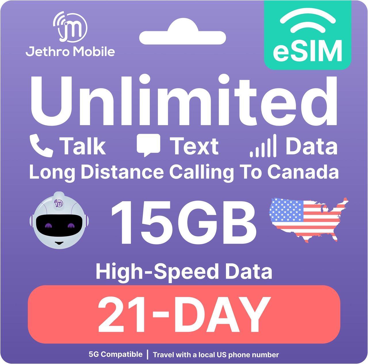 eSIM USA - 21 Days Unlimited Talk, Text, & Data, 15GB High-Speed Data, Easy Activation, International Calling to Canada, Mobile Hotspot, Uses T-Mobile, Jethro Mobile