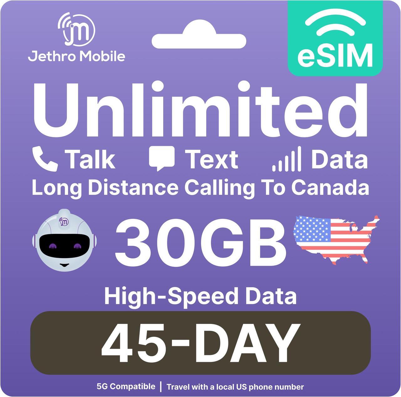 eSIM USA - 45 Days Unlimited Talk, Text, & Data, 30GB High-Speed Data, Easy Activation, International Calling to Canada, Mobile Hotspot, Uses T-Mobile, Jethro Mobile