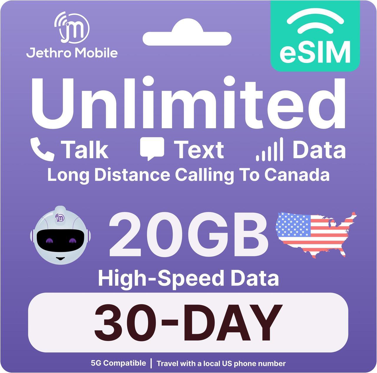 Jethro Mobile - eSIM USA (30 Days), 20GB High-Speed Data, Unlimited Talk, Text, & Data, Mobile Hotspot, Phone Plan for Canadian Travelers to the US, International Calling to Canada Included (1 Month)