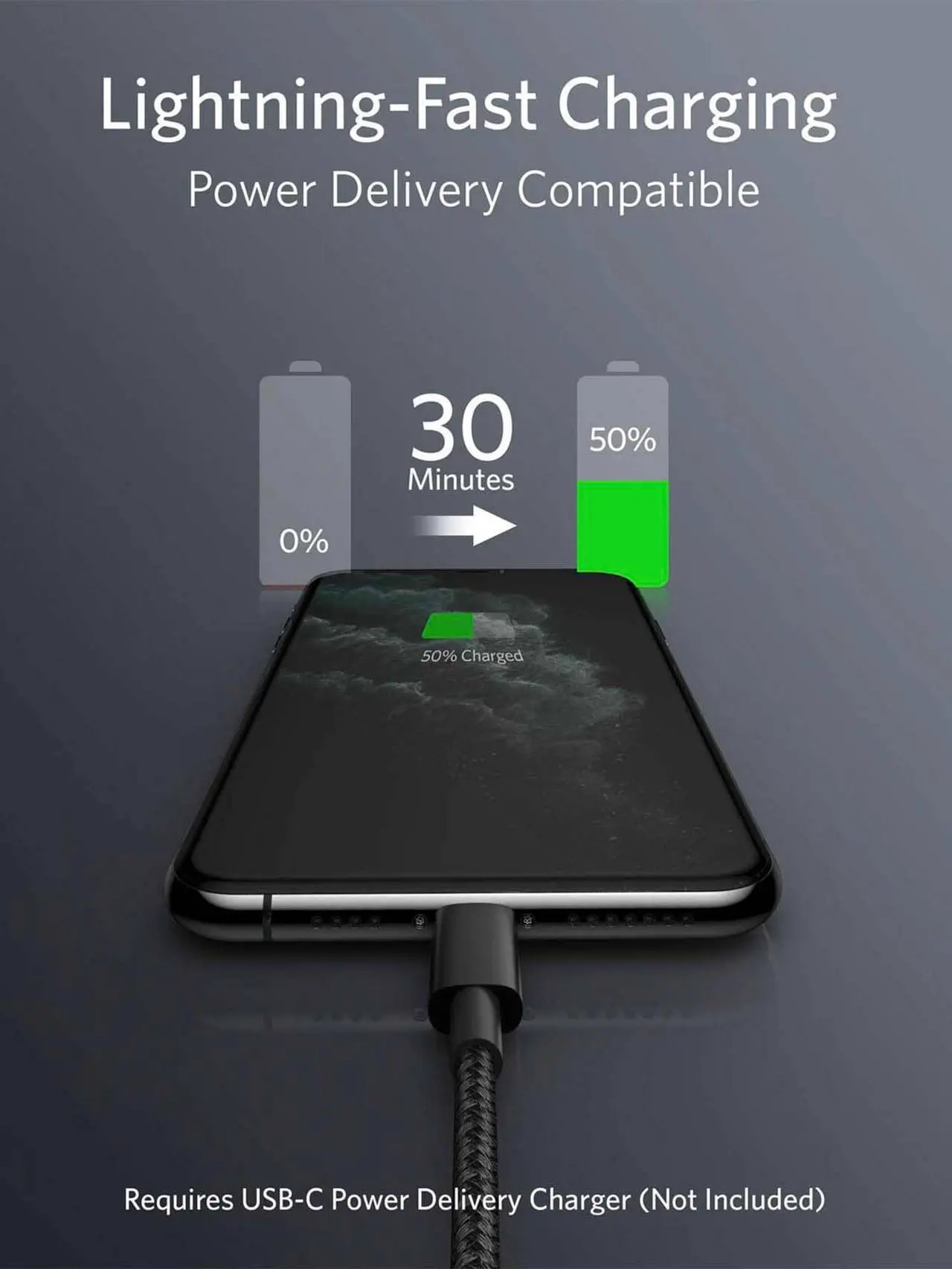 Alt view image 2 of 6 - USB C to Lightning Cable, Anker New Nylon Charging Cord [10ft MFi Certified] for iPhone 13 13 Pro 12 Pro Max 12 11 X XS XR 8 Plus, AirPods Pro, Supports Power Delivery (Black)