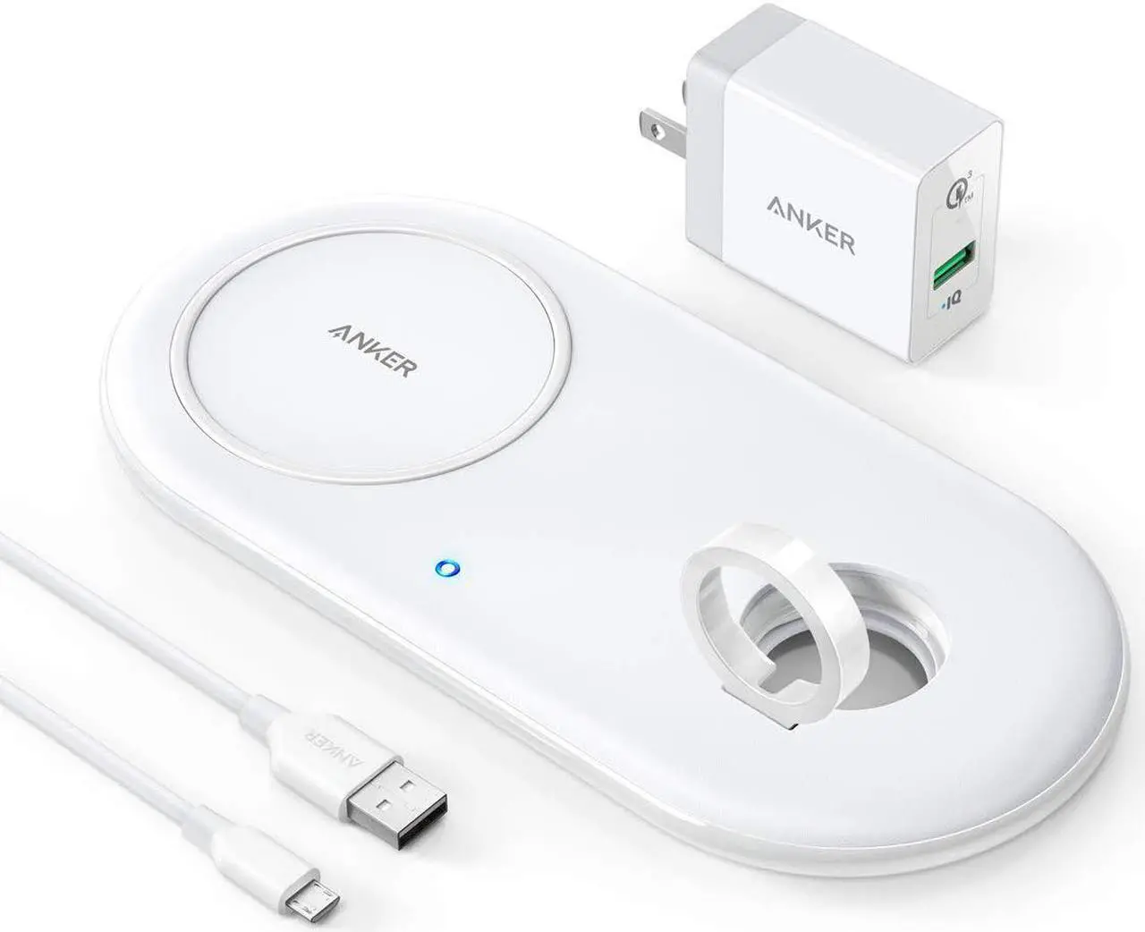 Main image of Anker Wireless Charger, 2 in 1 PowerWave+ Pad with Apple Watch Holder for Apple Watch 4/3/2, 7.5W for iPhone 11, 11 Pro, 11 Pro Max, Xs, XS Max, XR, X, 8, 8 Plus (No Apple Watch Charger)