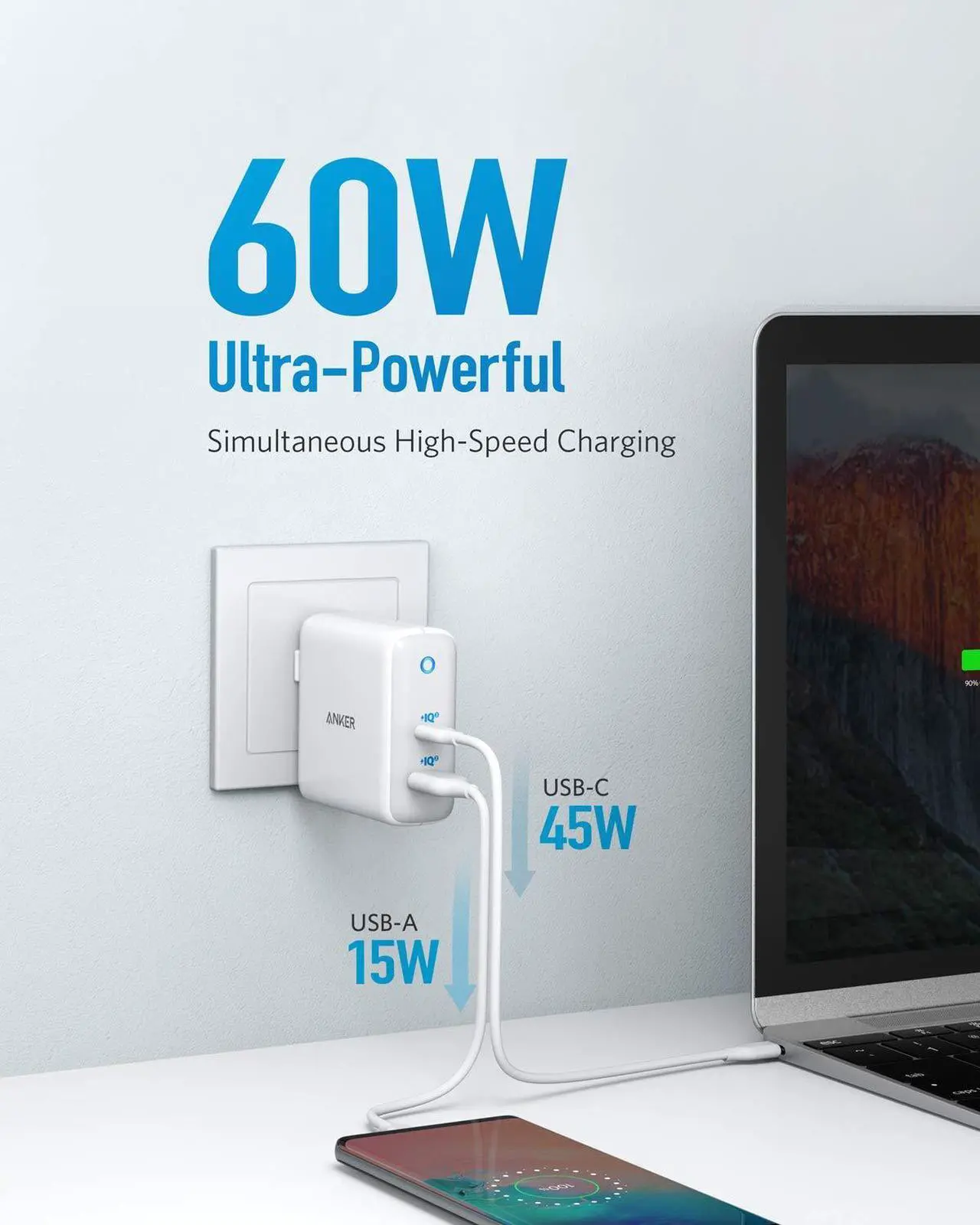 Alt view image 4 of 7 - USB C Charger, Anker 60W PIQ 3.0 & GaN Tech Dual Port Charger, PowerPort Atom III (2 Ports) Travel Charger with a 45W USB C Port, for USB-C Laptops, MacBook, iPad Pro, iPhone, Galaxy, Pixel and More
