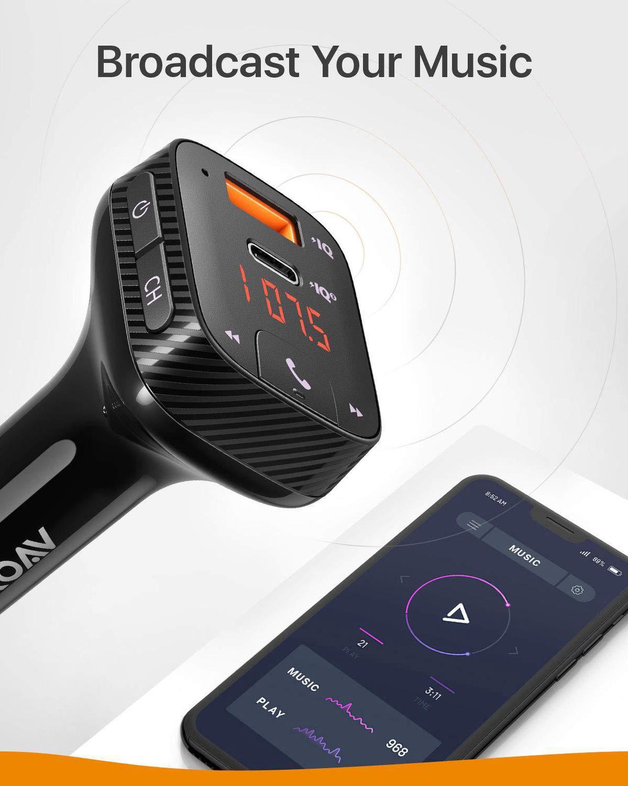 Alt view image 2 of 7 - Anker Roav SmartCharge T2 Bluetooth FM Transmitter for Car, Audio Adapter and Receiver, Car Charger, Power IQ 3.0, Bluetooth 5.0, Wireless Calling, Noise Cancellation