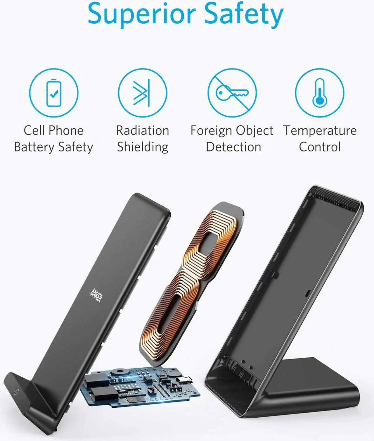 Alt view image 6 of 7 - Anker Wireless Charger, 10W Max PowerWave Stand Upgraded, Qi-Certified, 7.5W for iPhone 11, 11 Pro, 11 Pro Max, XR, Xs Max, XS, X, 8, 8 Plus, 10W for Galaxy S10 S9 S8, Note 10 Note 9 (No AC Adapter)