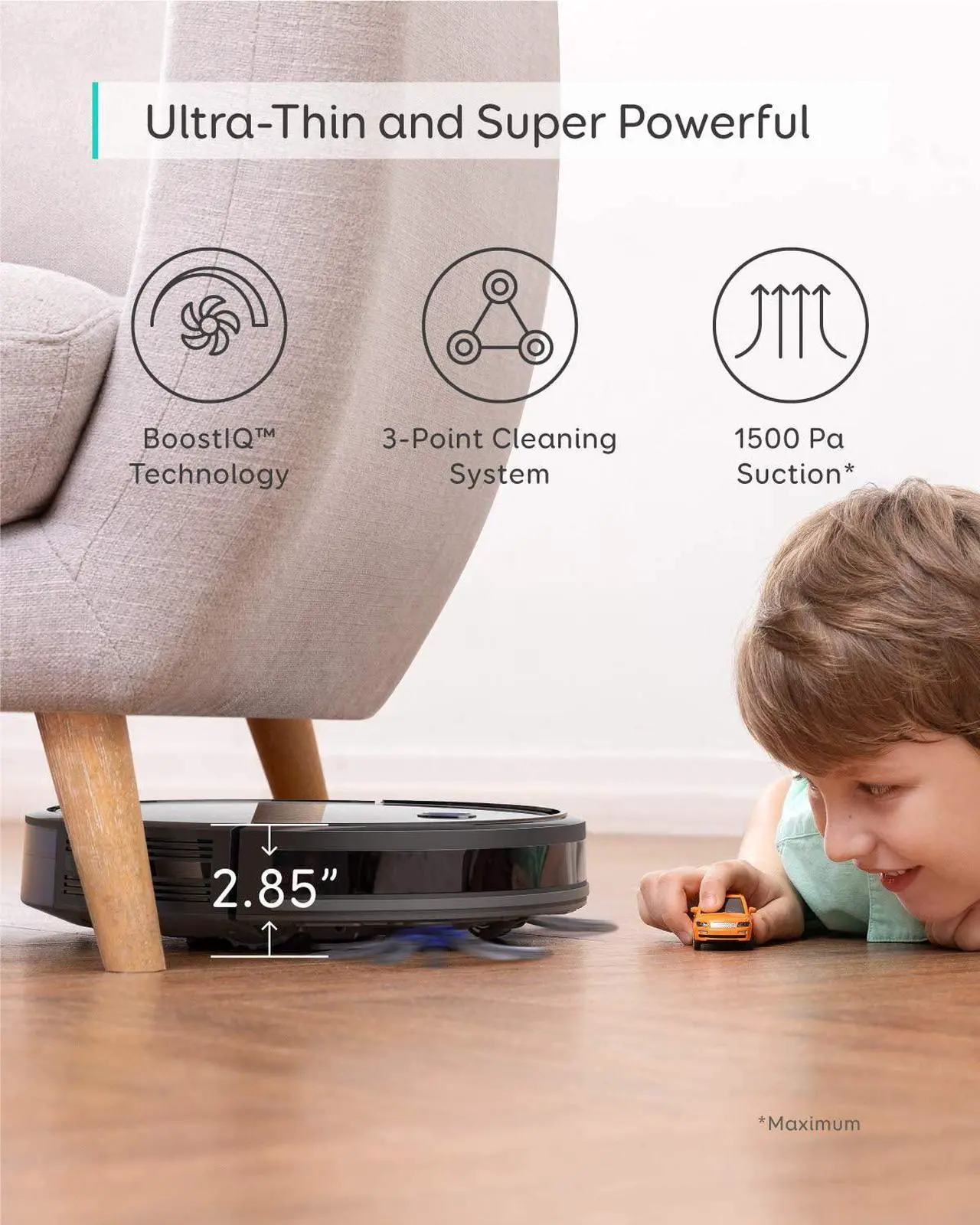 Alt view image 4 of 6 - eufy [BoostIQ] RoboVac 30C, Robot Vacuum Cleaner, Wi-Fi, Super-Thin, 1500Pa Suction, Boundary Strips Included, Quiet, Self-Charging Robotic Vacuum Cleaner