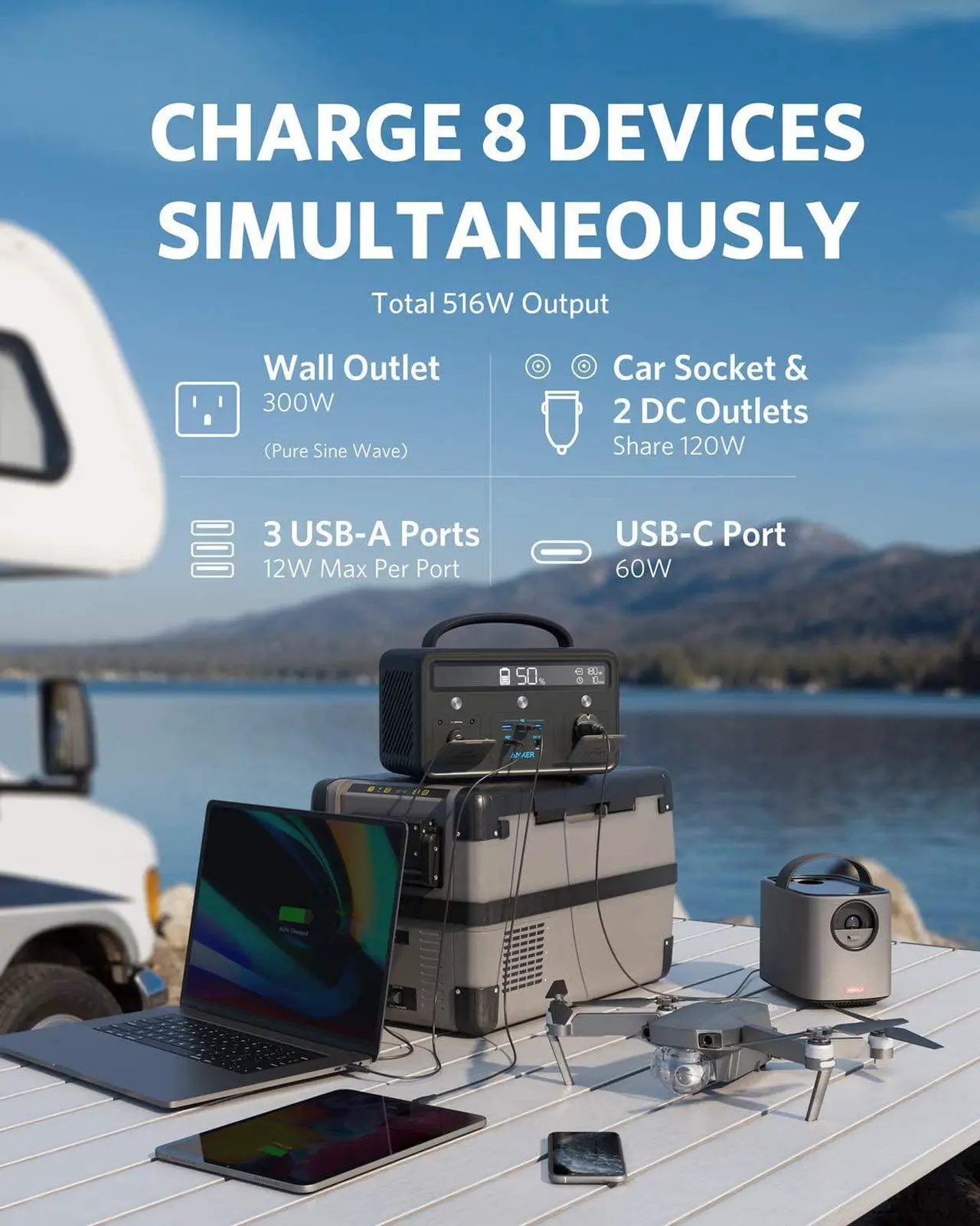 Alt view image 3 of 7 - Anker Portable Generator for Home Use, PowerHouse II 400, 300W/388.8Wh, 110V AC Outlet/60W USB-C Power Delivery Portable Power Station for Home Use, Road Trips, Camping, Emergency Power, and More