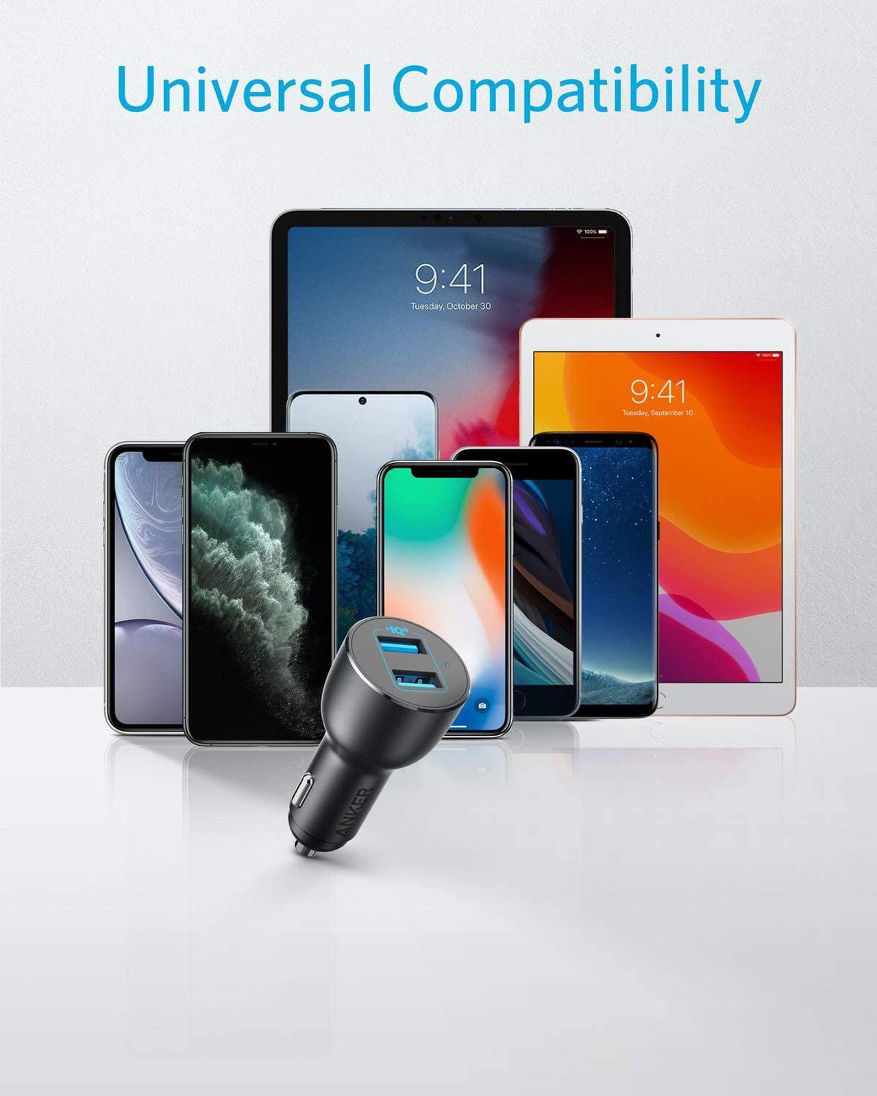Alt view image 5 of 7 - Anker Car Charger, 36W Metal Dual USB Car Charger Adapter, PowerDrive III 2-Port 36W Alloy for Galaxy S20/ S20+/ S10/ S10e/ S10+, iPhone 11/11 Pro/ 11 Pro Max/XR, iPad Pro, and More