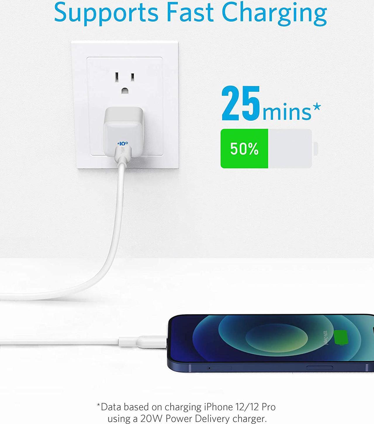 Alt view image 2 of 6 - Anker USB C to Lightning Cable, Powerline II [10ft MFi Certified] Extra Long Charging Cord for iPhone 12 Pro Max 12 11 Pro X XS XR 8 Plus AirPods Pro, Supports Power Delivery(White)