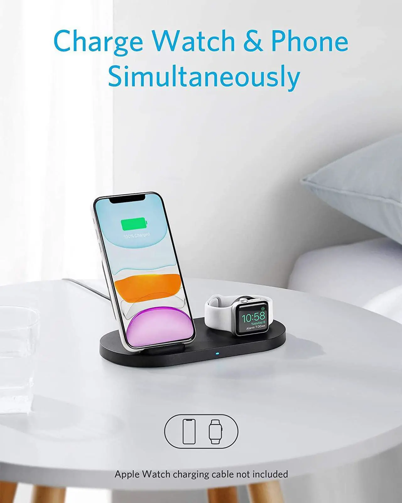 Alt view image 2 of 7 - Anker Wireless Charging Station with QC Charger, PowerWave Sense 2-in-1 Stand with Watch Charging Holder for Apple Watch SE/6/5/4/3/2/1, iPhone SE 2020, 11, 11 Pro (Watch Charging Cable Not Included)