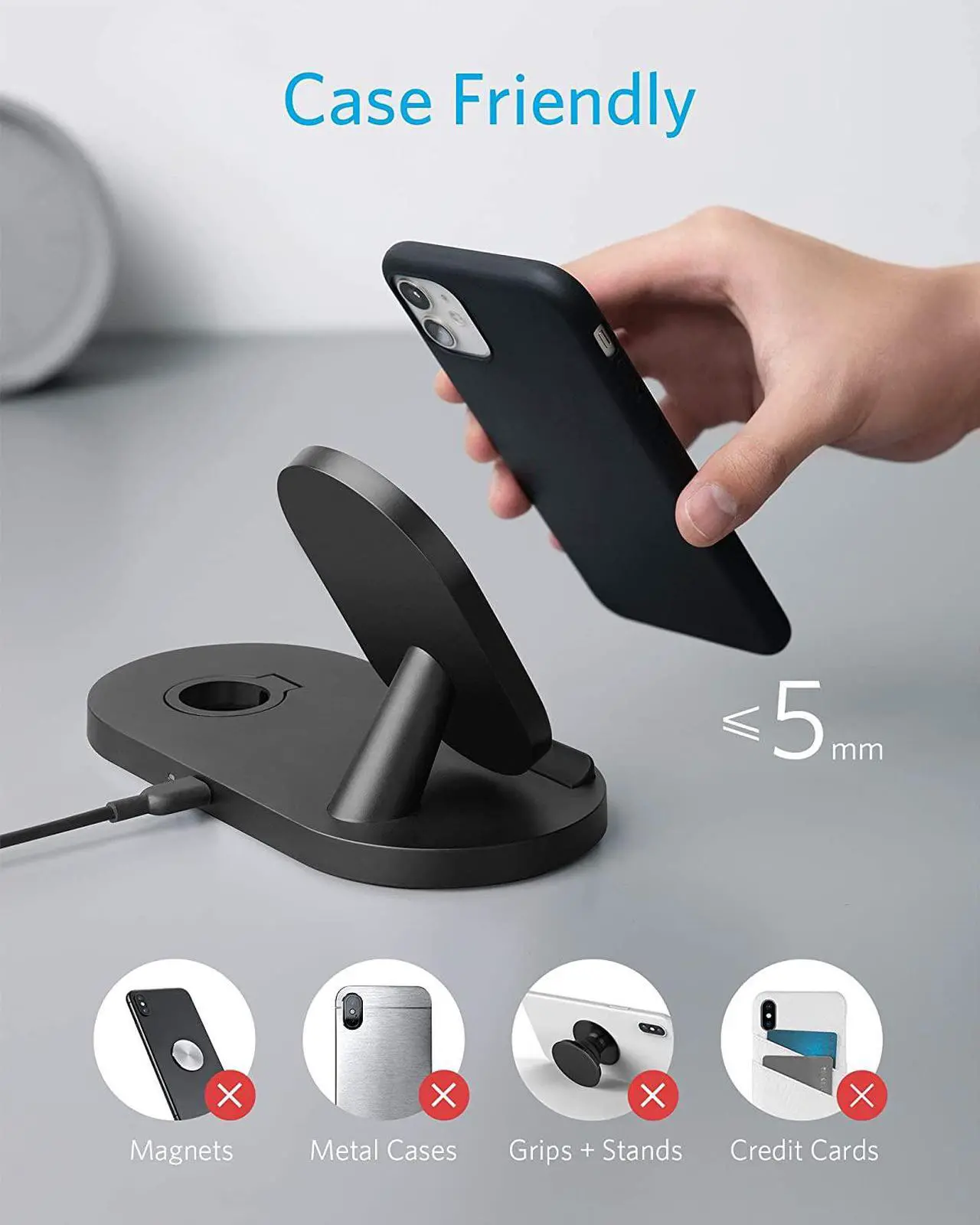 Alt view image 7 of 7 - Anker Wireless Charging Station with QC Charger, PowerWave Sense 2-in-1 Stand with Watch Charging Holder for Apple Watch SE/6/5/4/3/2/1, iPhone SE 2020, 11, 11 Pro (Watch Charging Cable Not Included)
