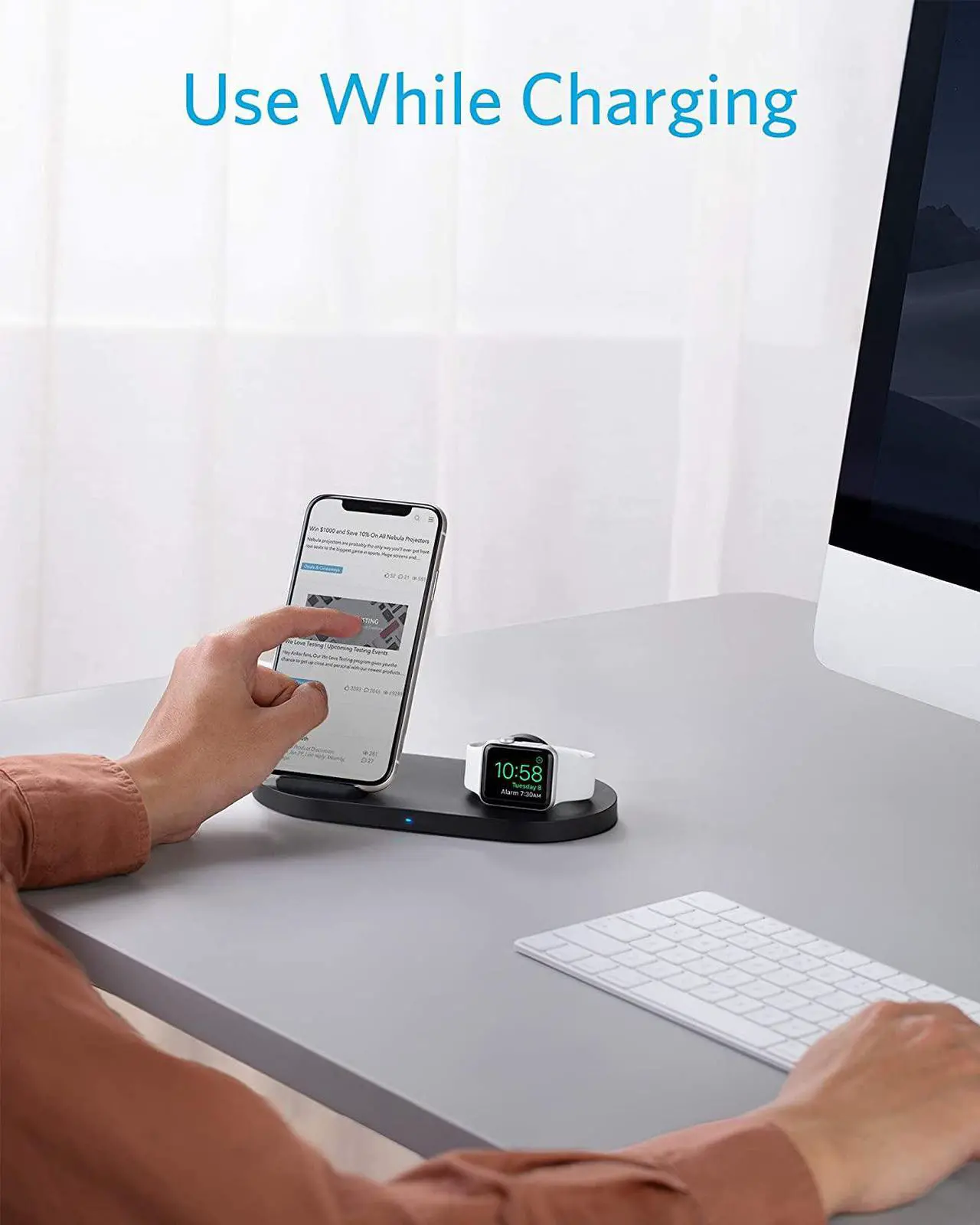 Alt view image 4 of 7 - Anker Wireless Charging Station with QC Charger, PowerWave Sense 2-in-1 Stand with Watch Charging Holder for Apple Watch SE/6/5/4/3/2/1, iPhone SE 2020, 11, 11 Pro (Watch Charging Cable Not Included)