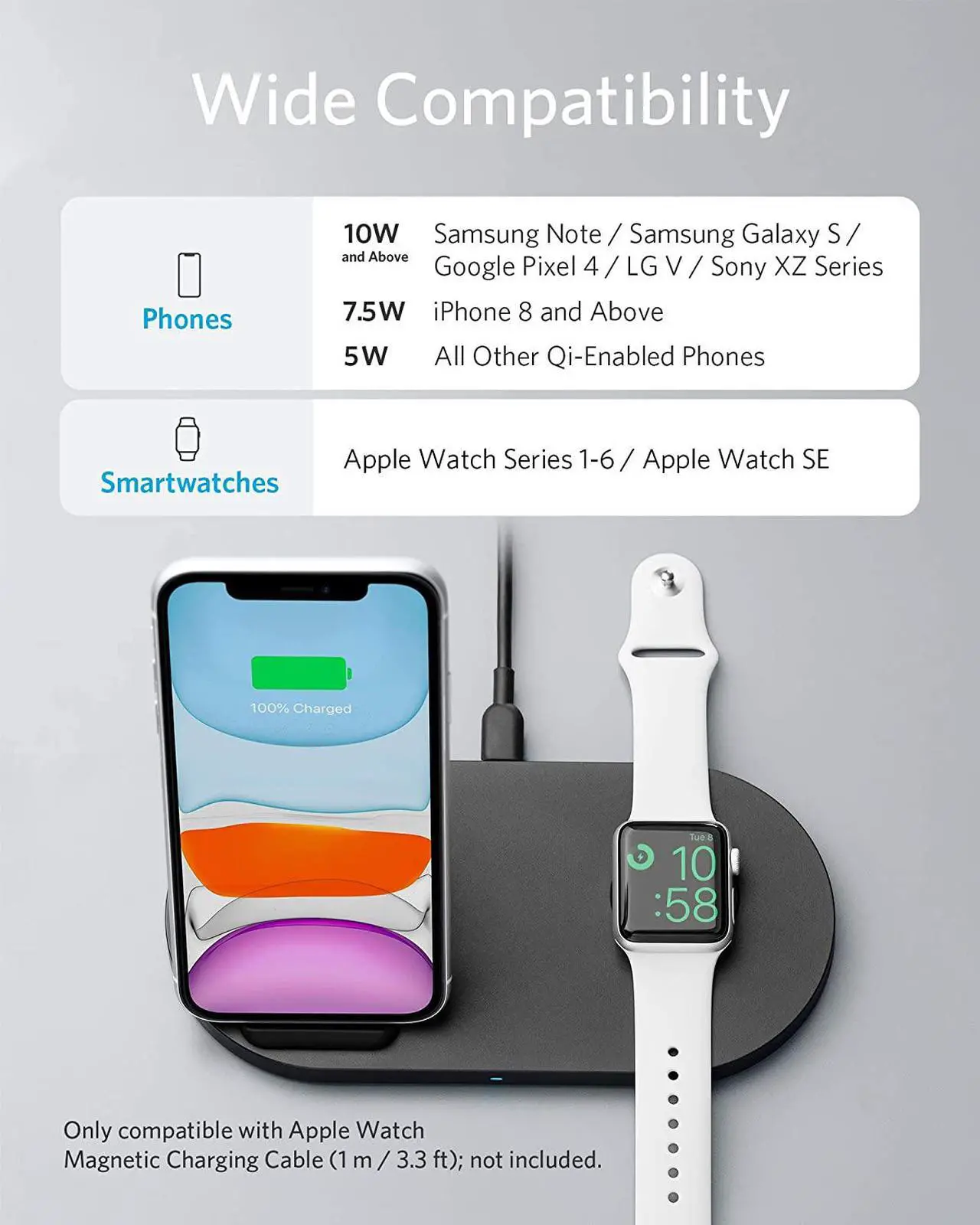 Alt view image 3 of 7 - Anker Wireless Charging Station with QC Charger, PowerWave Sense 2-in-1 Stand with Watch Charging Holder for Apple Watch SE/6/5/4/3/2/1, iPhone SE 2020, 11, 11 Pro (Watch Charging Cable Not Included)