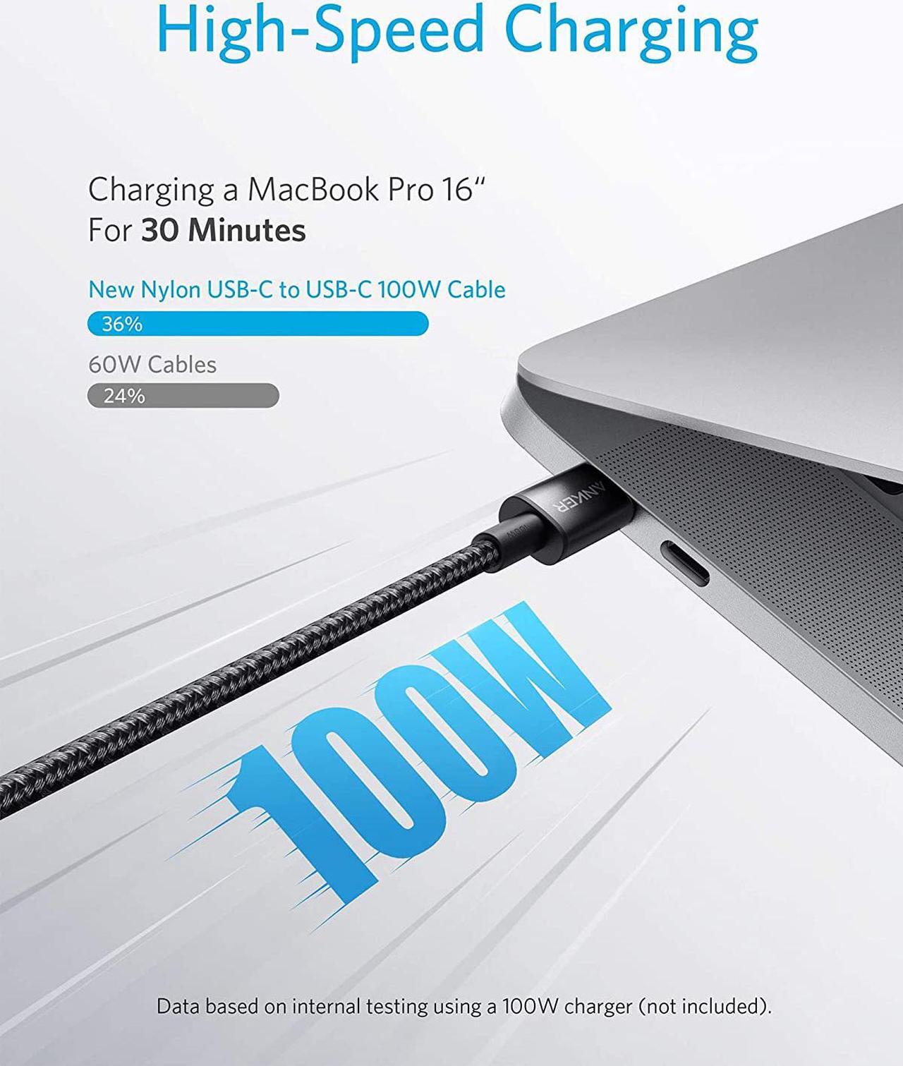 Alt view image 2 of 7 - Anker USB C Cable 100W 10ft, New Nylon USB C to USB C Cable 2.0, Type C Charging Cable Fast Charge for MacBook Pro 2020, iPad Pro 2020, iPad Air 4, Galaxy S20, Pixel, Switch, LG, and More(Black)