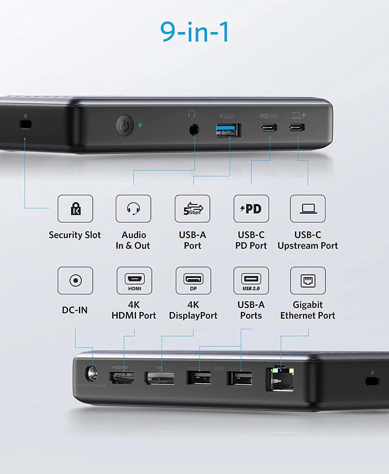 Alt view image 2 of 7 - Anker USB C Docking Station, PowerExpand 9-in-1 USB-C PD Dock, 60W Charging for Laptop, 20W Power Delivery Charging, 4K HDMI and DisplayPort, USB 3.0 and USB 2.0 Data, Gigabit Ethernet, 3.5 mm Audio