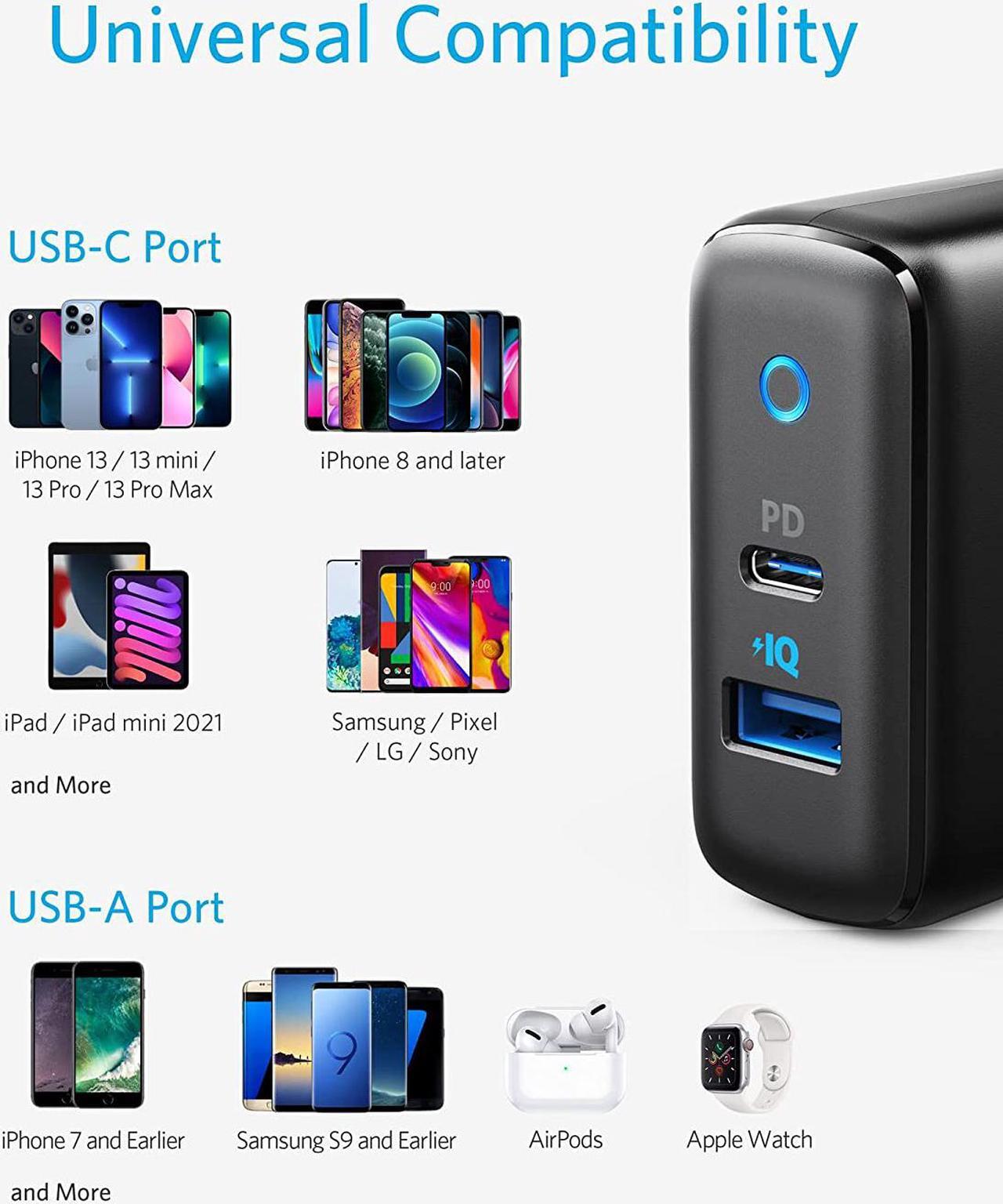Alt view image 4 of 7 - USB C Charger, Anker 32W 2 Port Charger with 20W USB C Power Adapter, PowerPort PD 2 with Foldable Plug for iPad/iPad Mini, for iPhone 13/13 Mini/13 Pro/13 Pro Max/12/11, Pixel, Galaxy, and More