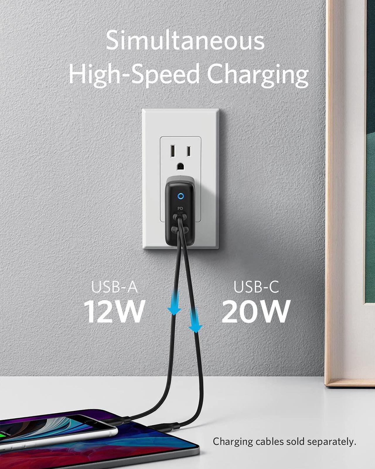 Alt view image 3 of 7 - USB C Charger, Anker 32W 2 Port Charger with 20W USB C Power Adapter, PowerPort PD 2 with Foldable Plug for iPad/iPad Mini, for iPhone 13/13 Mini/13 Pro/13 Pro Max/12/11, Pixel, Galaxy, and More