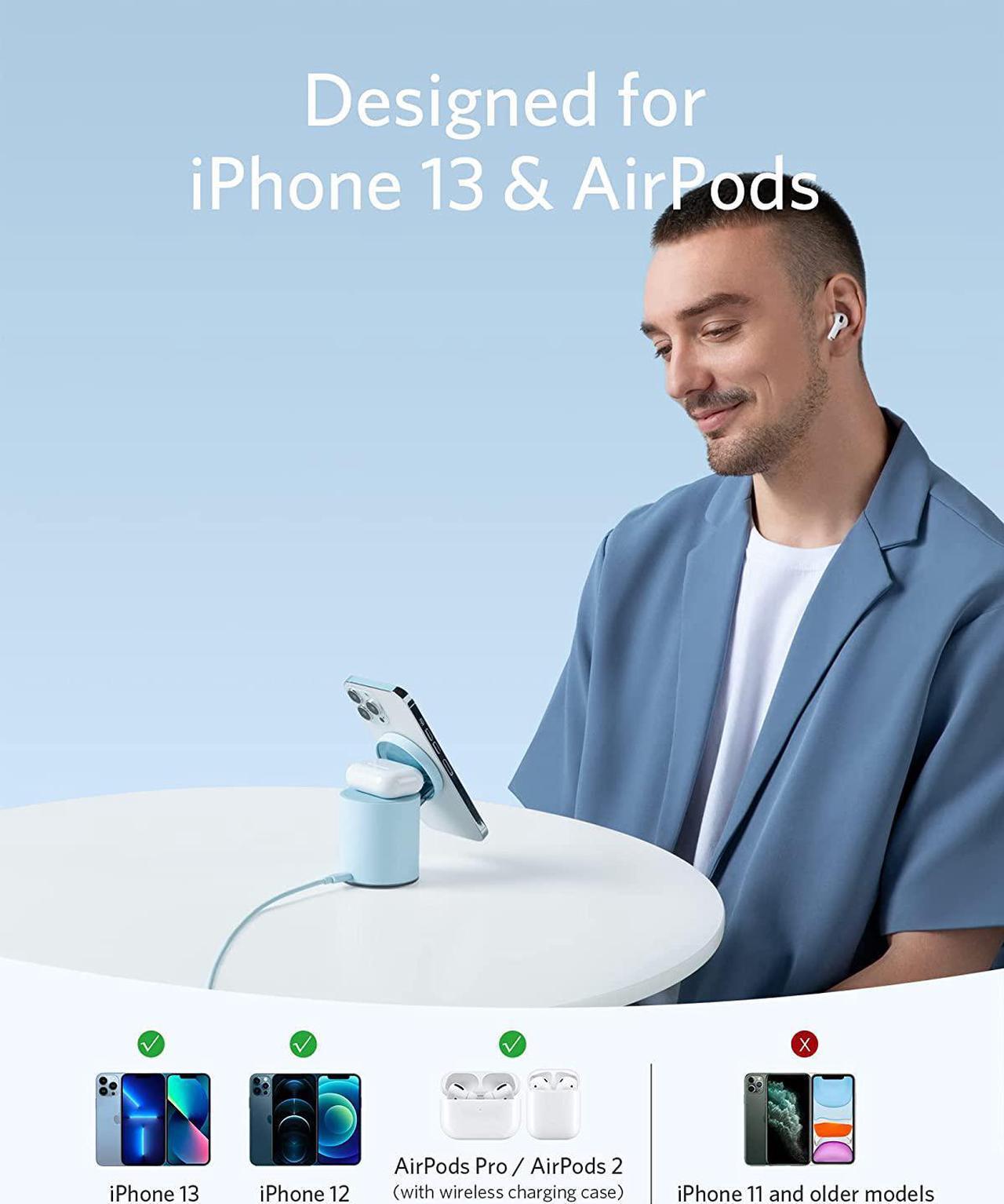 Alt view image 3 of 6 - Anker 623 Magnetic Wireless Charger (MagGo), 2-in-1 Wireless Charging Station with 20W USB-C Charger, for iPhone 13/12 Series, AirPods Pro (Blue)