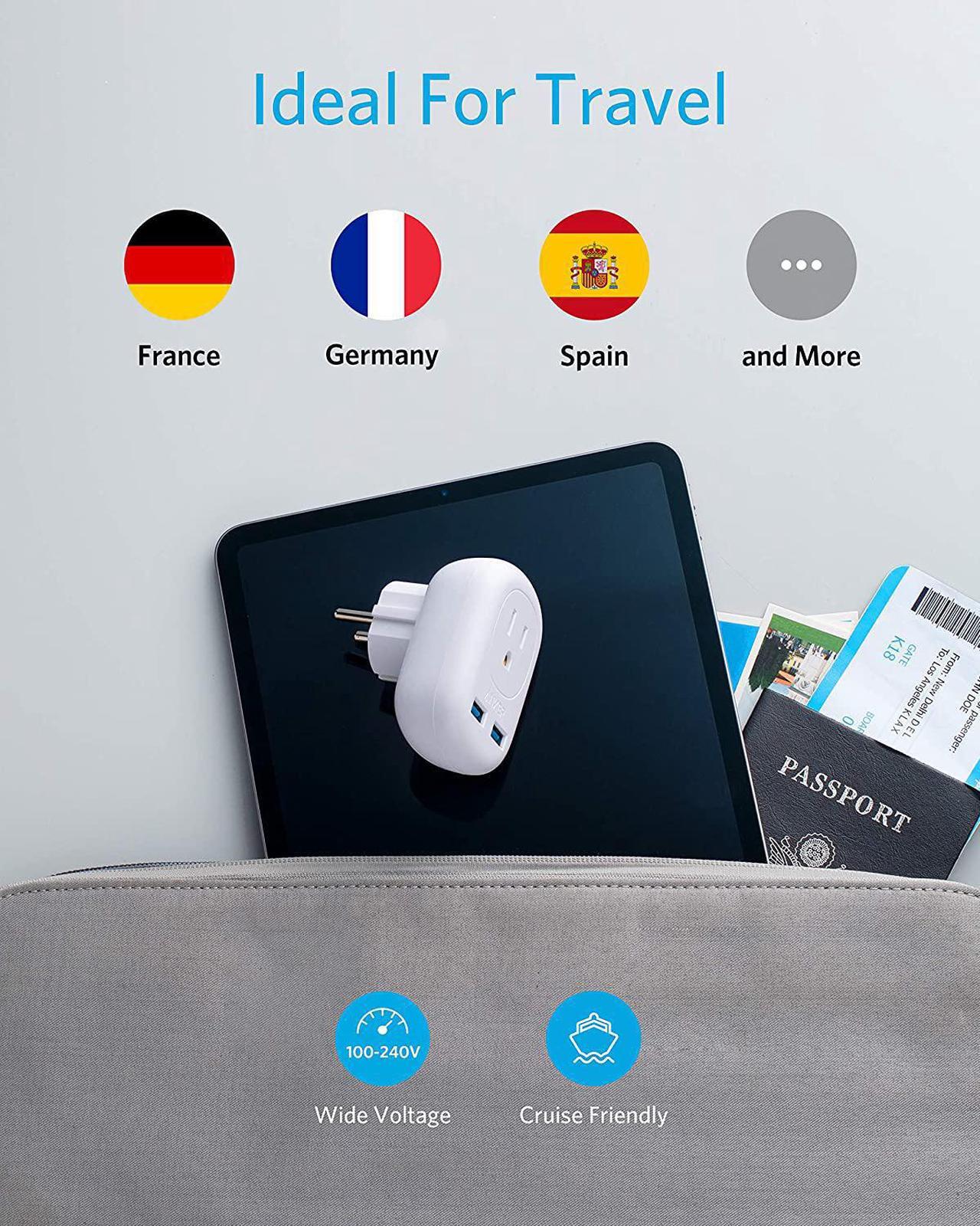 Alt view image 2 of 7 - Anker European Travel Adapter, PowerExtend USB Plug International Power Adapter with 2 USB and 1 Outlet, US to Most of Europe EU Spain Iceland Italy France Germany