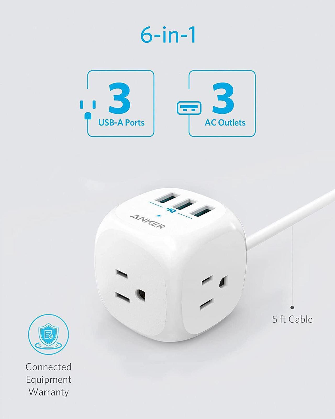 Alt view image 4 of 7 - Anker 321 Power Strip, PowerPort Cube USB with 3 Outlets and 3 USB Ports, 5 ft Extension Cord, Flat Plug, Compact for Home Office, Travel, and Dorm Rooms