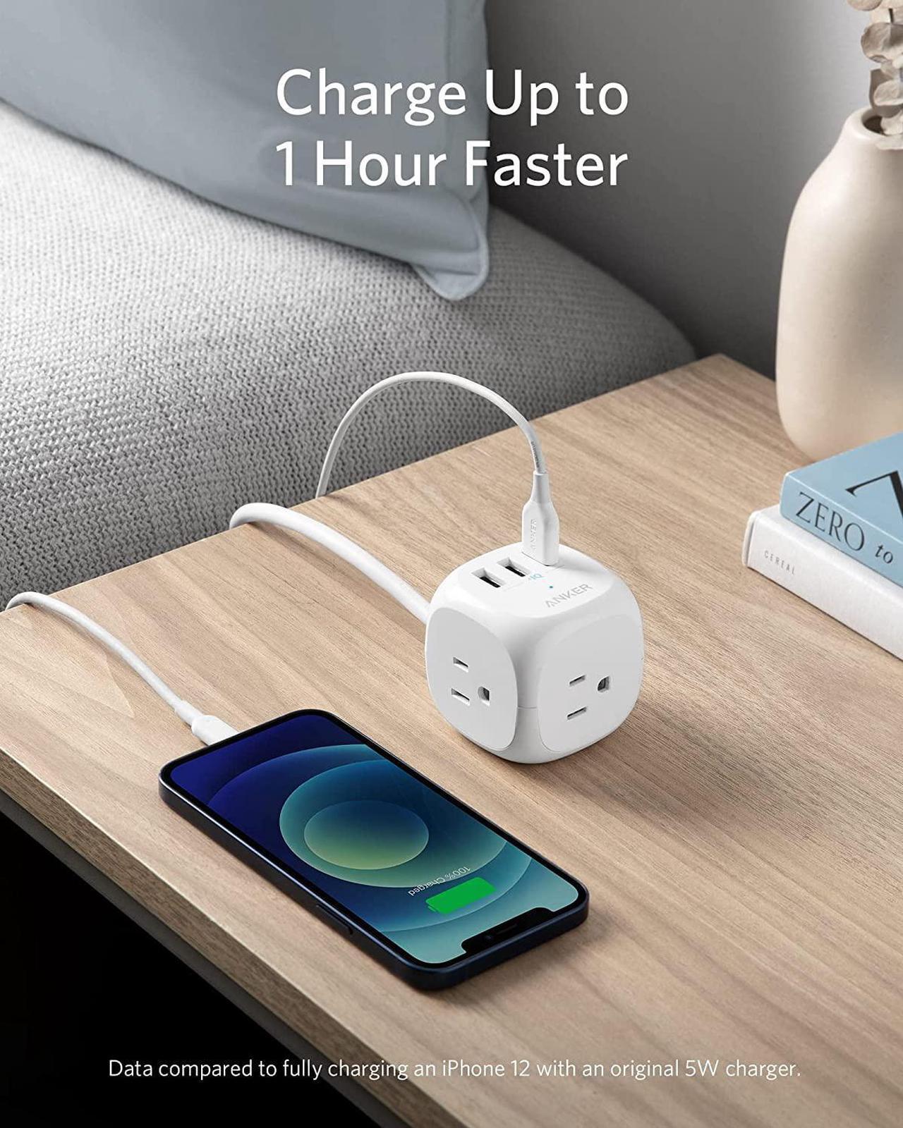 Alt view image 3 of 7 - Anker 321 Power Strip, PowerPort Cube USB with 3 Outlets and 3 USB Ports, 5 ft Extension Cord, Flat Plug, Compact for Home Office, Travel, and Dorm Rooms