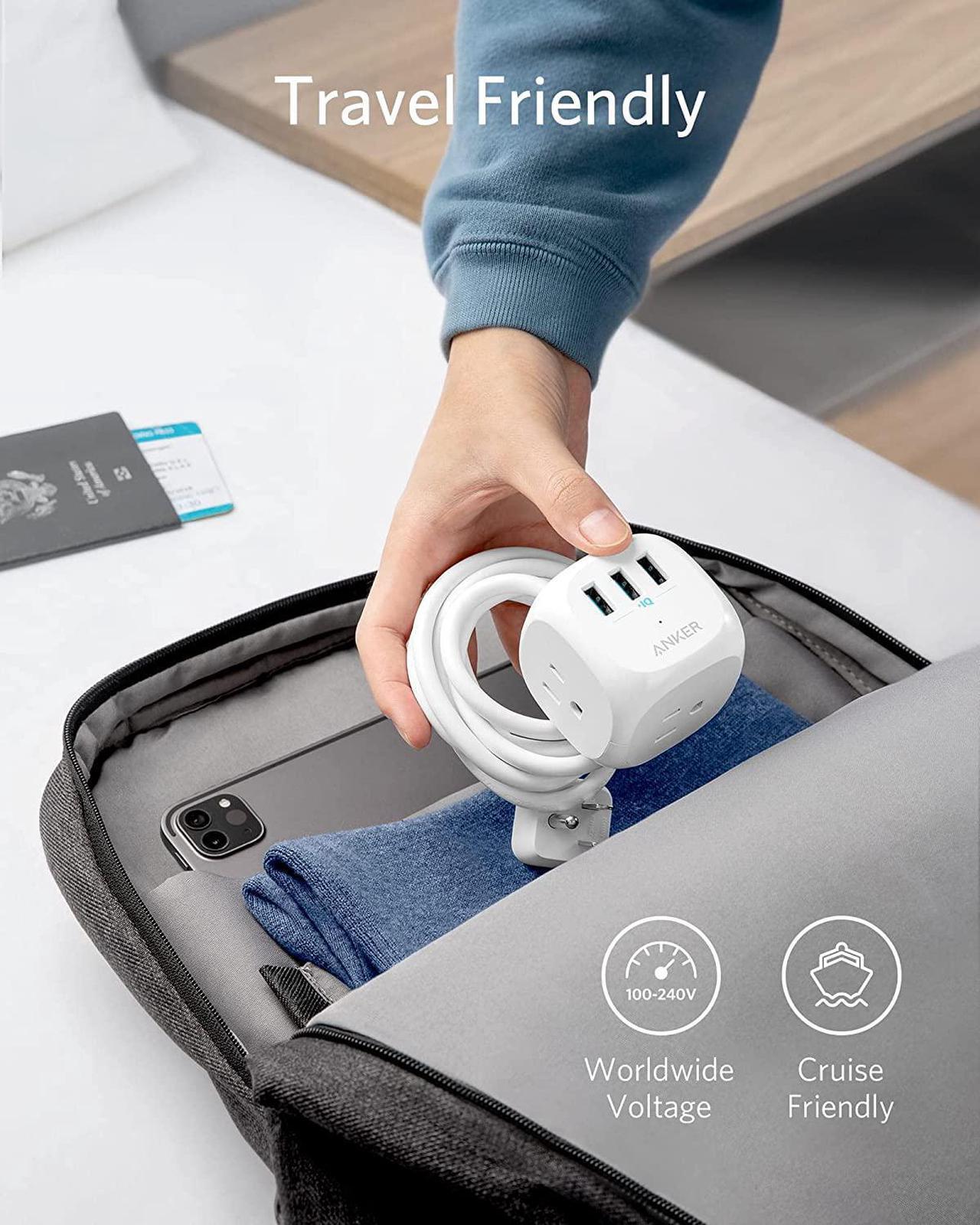 Alt view image 6 of 7 - Anker 321 Power Strip, PowerPort Cube USB with 3 Outlets and 3 USB Ports, 5 ft Extension Cord, Flat Plug, Compact for Home Office, Travel, and Dorm Rooms