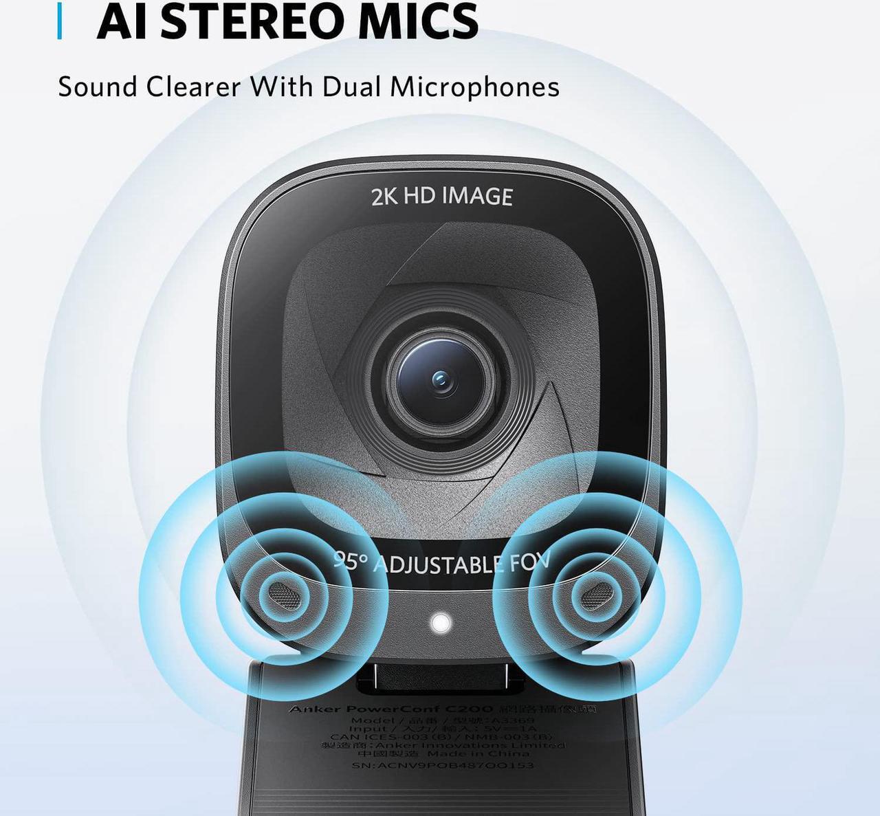 Alt view image 5 of 14 - Anker PowerConf C200 2K USB Webcam, Webcam for Laptop, Computer Camera, with AI-Noise Canceling Microphones, Stereo Mics, Adjustable Field of View, Low-Light Correction, Built-in Privacy Cover
