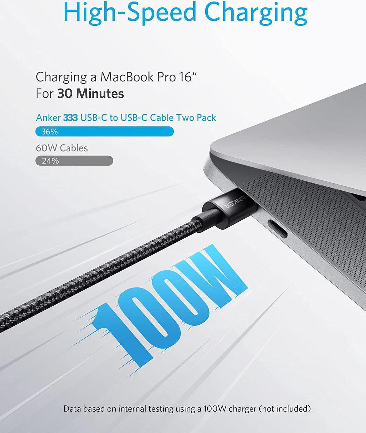 Alt view image 2 of 7 - Anker 333 USB C to USB C Cable (6ft 100W, 2-Pack), USB 2.0 Type C Charging Cable Fast Charge for MacBook Pro 2020, iPad Pro 2020, iPad Air 4, Samsung Galaxy S21, Pixel, Switch, LG, and More (Black)