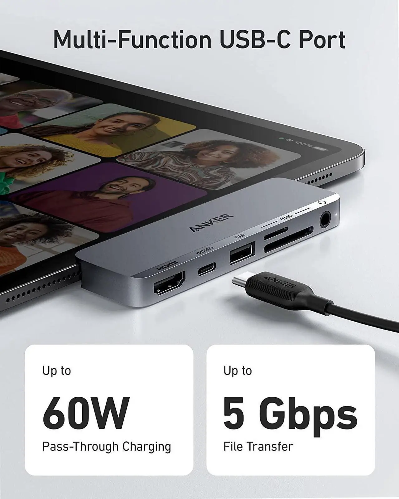Alt view image 4 of 6 - Anker USB C Hub for iPad, 541 USB-C Hub (6-in-1), with 4K HDMI Port, Multi-Function USB-C Port, USB-A Data Port, SD and microSD Card Slots, and 3.5 mm Audio Jack (Gray)