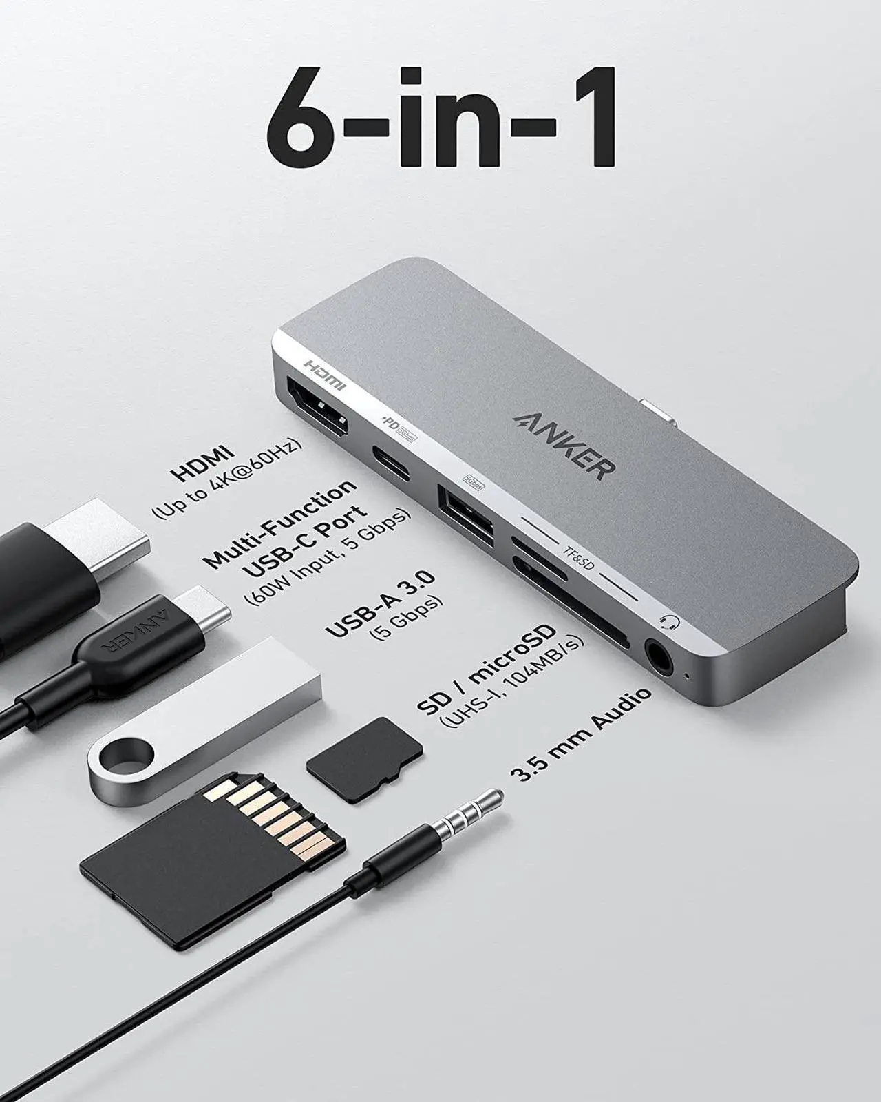 Alt view image 3 of 6 - Anker USB C Hub for iPad, 541 USB-C Hub (6-in-1), with 4K HDMI Port, Multi-Function USB-C Port, USB-A Data Port, SD and microSD Card Slots, and 3.5 mm Audio Jack (Gray)