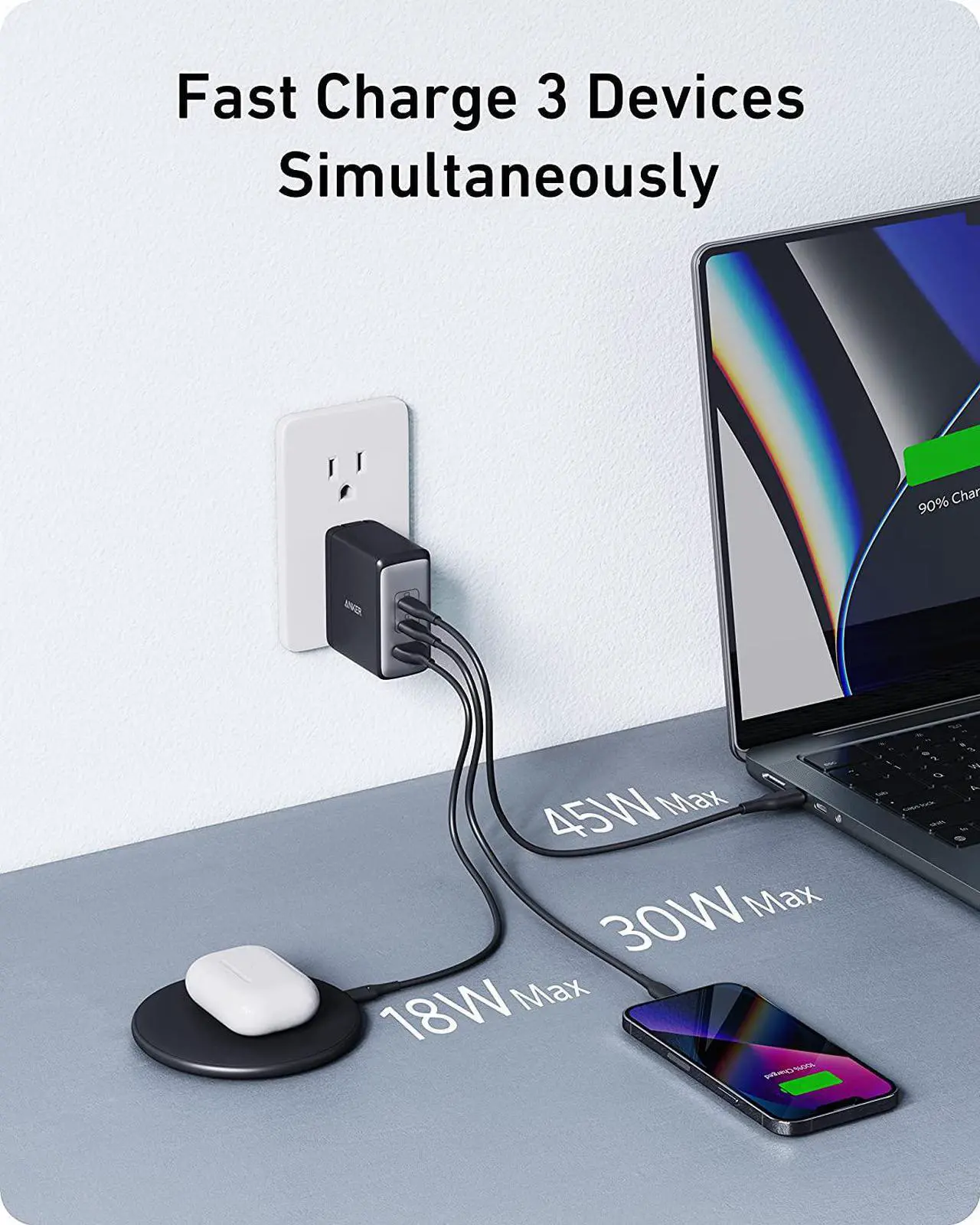 Alt view image 6 of 7 - Anker 100W USB C Charger, 736 Charger (Nano II 100W), 3-Port Fast Compact Wall Charger for MacBook Pro/Air, Google Pixelbook, ThinkPad, Dell XPS, iPad Pro, Galaxy S22/S20, iPhone 13/Pro, and More