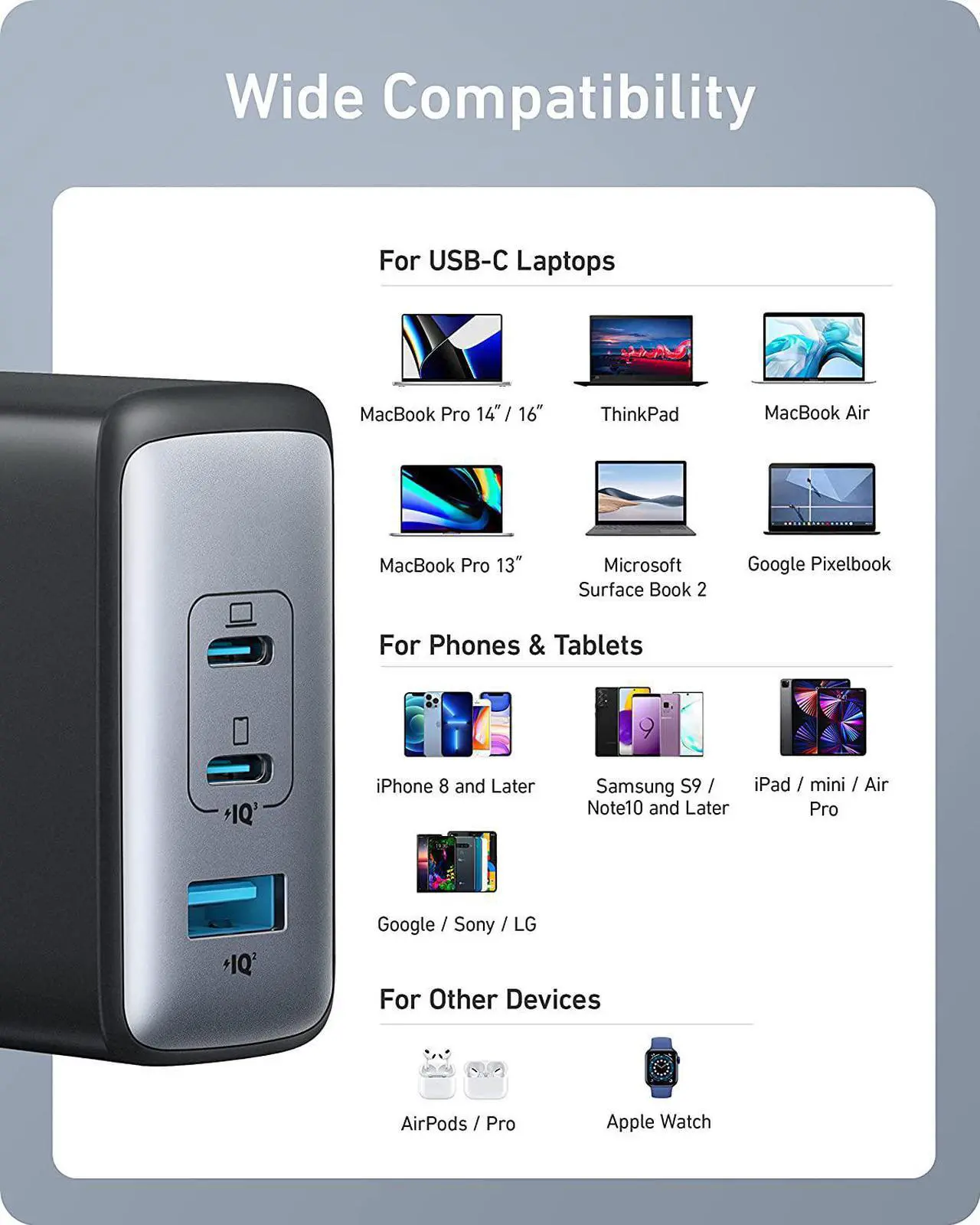 Alt view image 7 of 7 - Anker 100W USB C Charger, 736 Charger (Nano II 100W), 3-Port Fast Compact Wall Charger for MacBook Pro/Air, Google Pixelbook, ThinkPad, Dell XPS, iPad Pro, Galaxy S22/S20, iPhone 13/Pro, and More