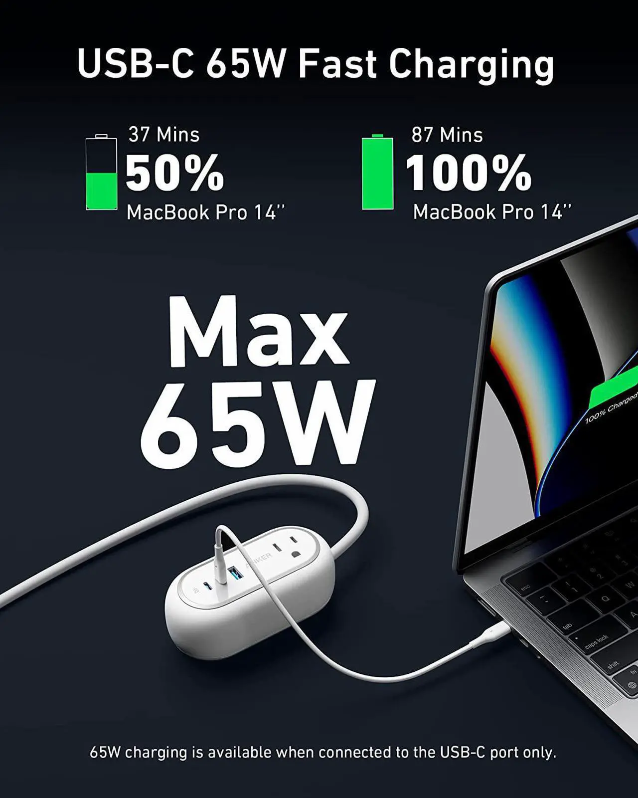 Alt view image 3 of 6 - Anker GanPrime 65W Charging Station, 615 USB C Power Strip for Travel and Work, 5-in-1 Power Strip with 2AC,2 USB C and 1 USB A, Power Delivery for iPhone, Samsung, iPad, MacBook, and More.(White)