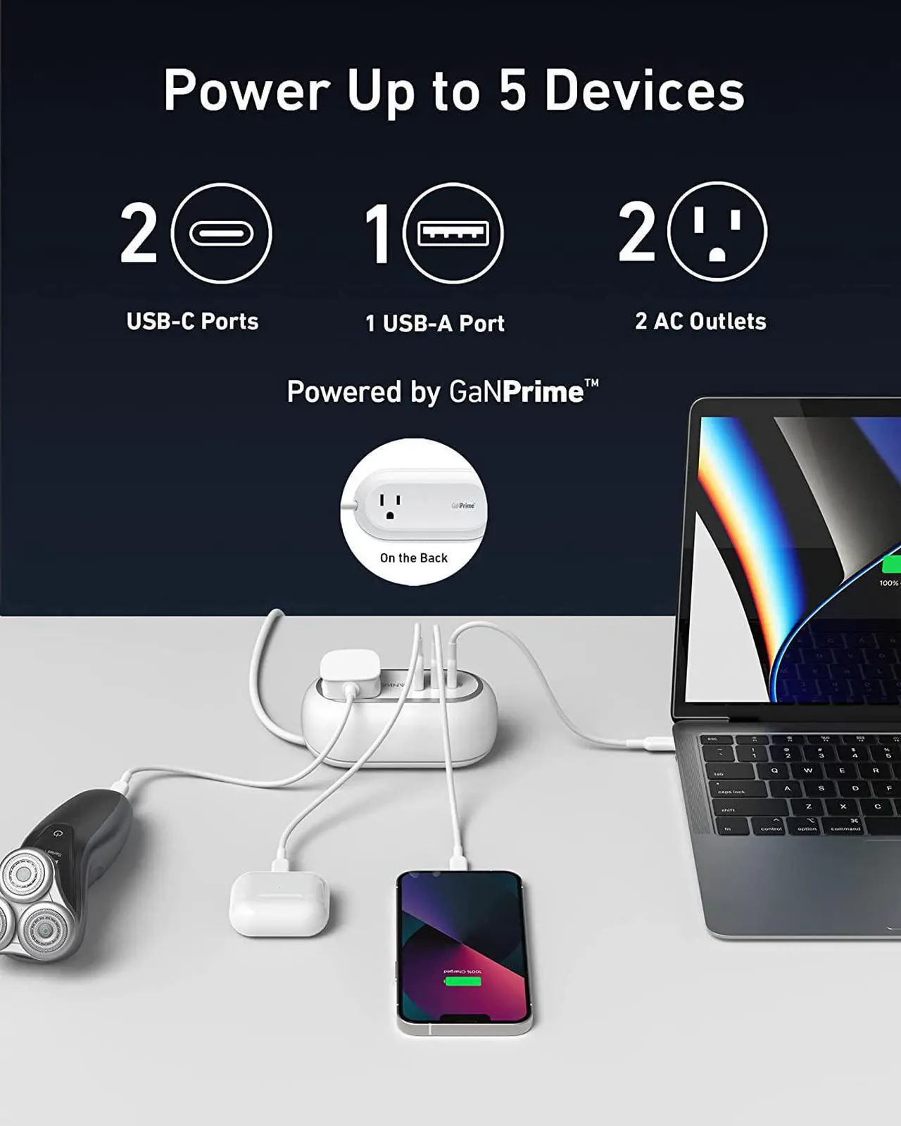 Alt view image 2 of 6 - Anker GanPrime 65W Charging Station, 615 USB C Power Strip for Travel and Work, 5-in-1 Power Strip with 2AC,2 USB C and 1 USB A, Power Delivery for iPhone, Samsung, iPad, MacBook, and More.(White)