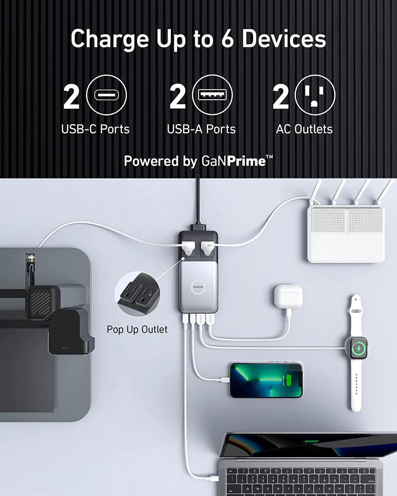 Alt view image 2 of 6 - Anker 727 Charging Station ( GaNPrime 100W ), Compact Power Strip for Travel and Work, 5ft Detachable Extension Cord with 2 Outlets and 4 USB Ports, for iPhone 13, Samsung, iPad, MacBook, and More.